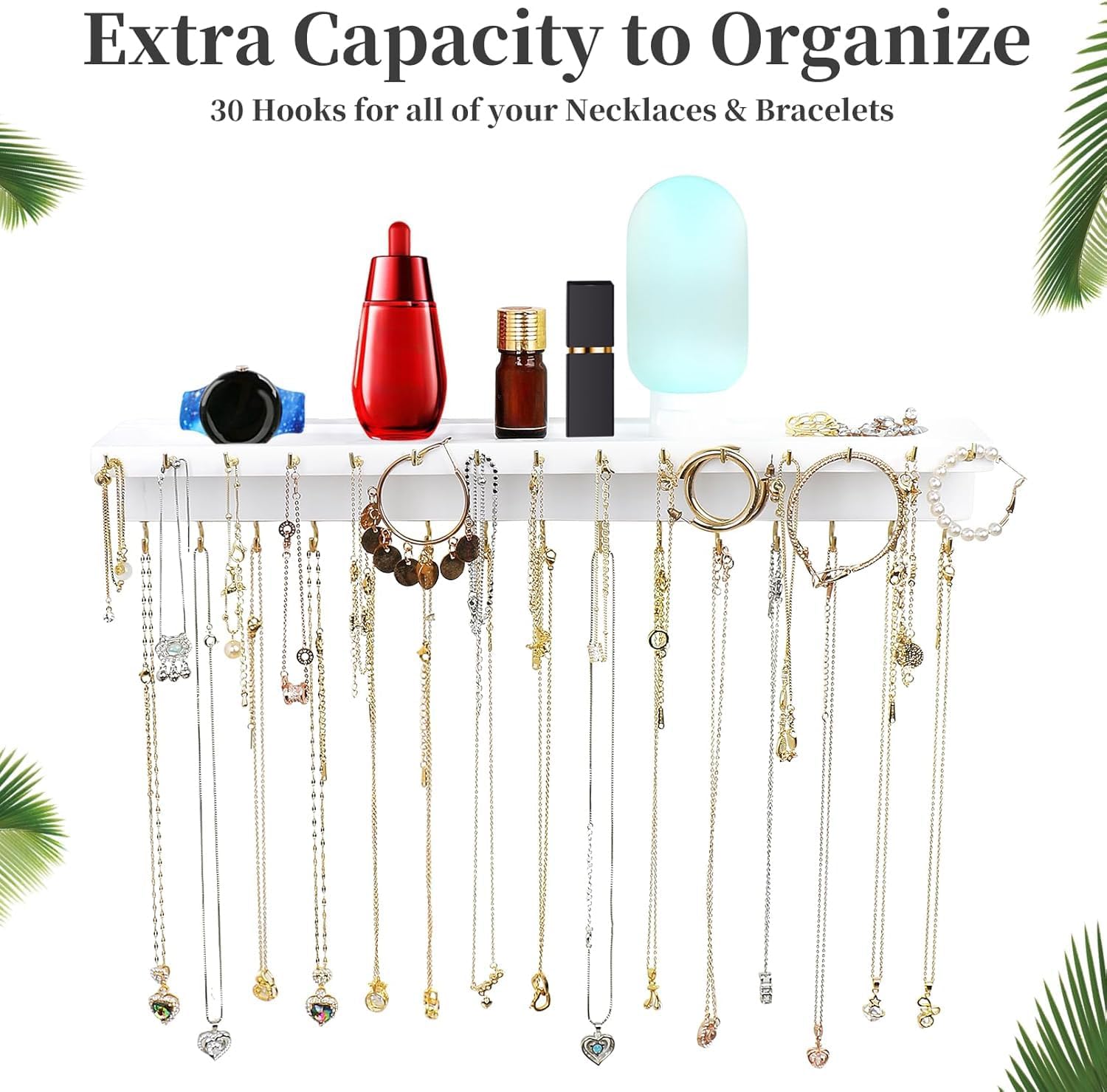 Necklace Holder with 30 Hooks and Jewelry Tray