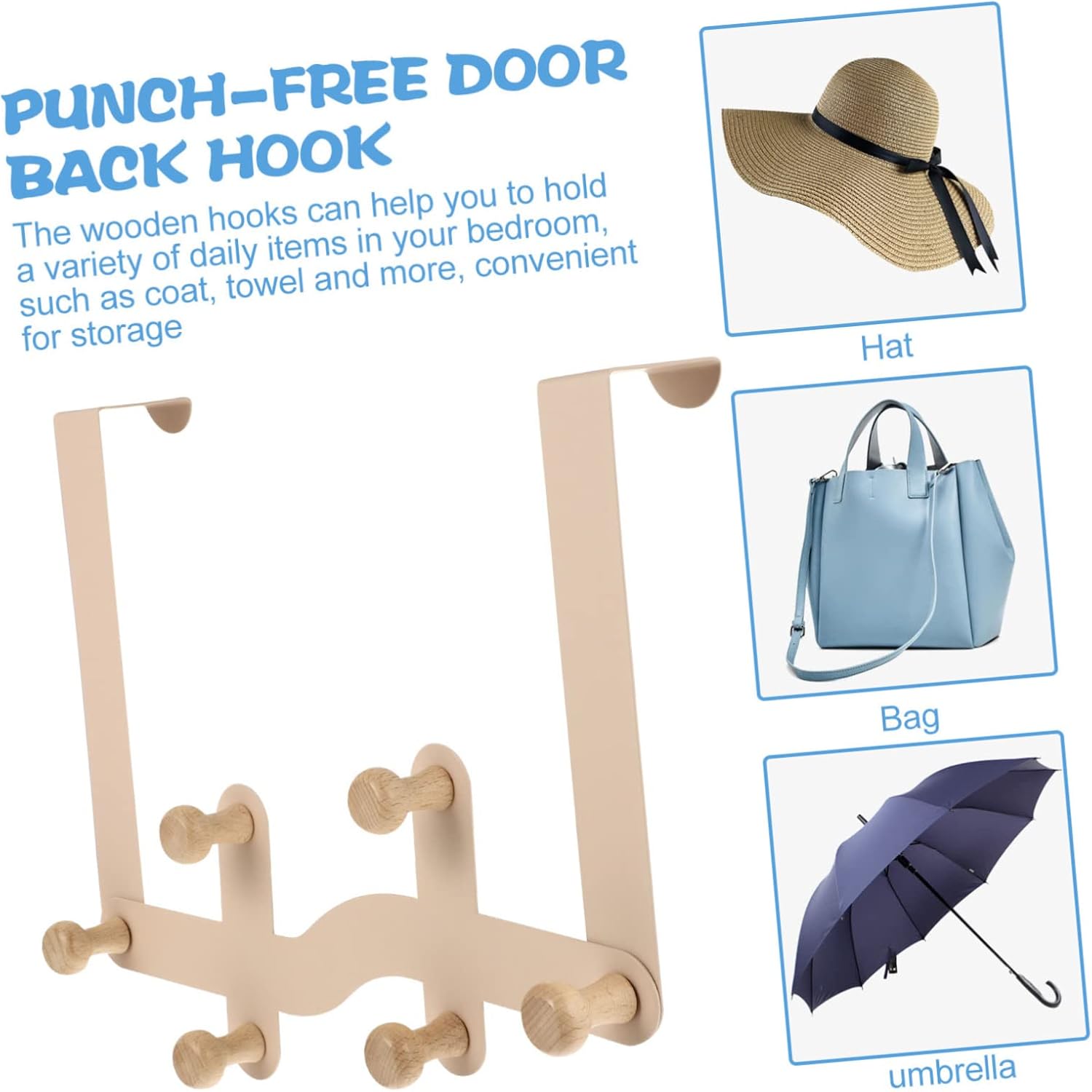 Cabilock Door Clothes Hanger Organizer with 6 Wooden Hooks No Drill Easy Installation
