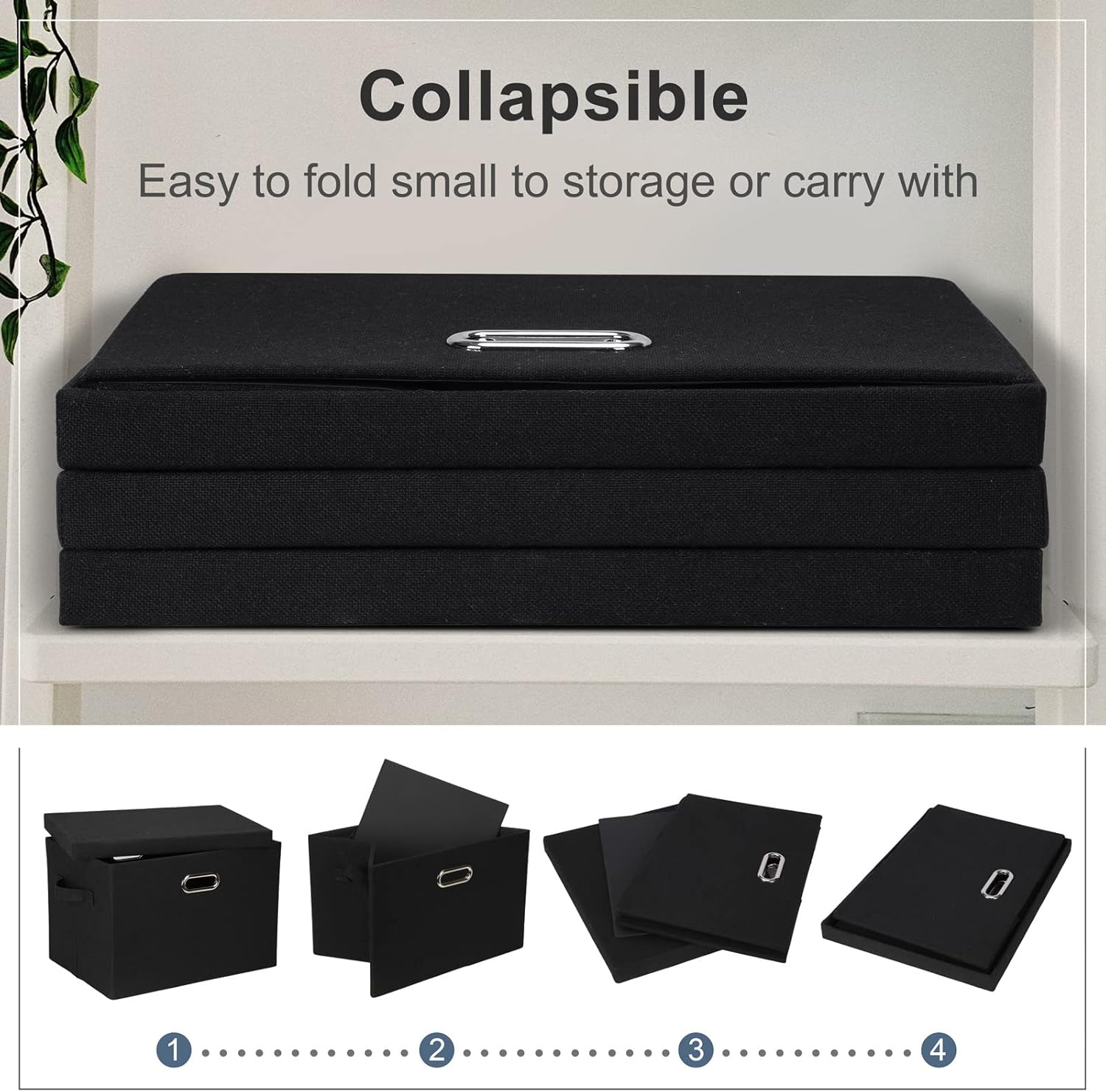 Graciadeco 17 Inch 36 Quart Collapsible Storage Bins with Lids 5 Pack Black Linen Fabric Closet Boxes