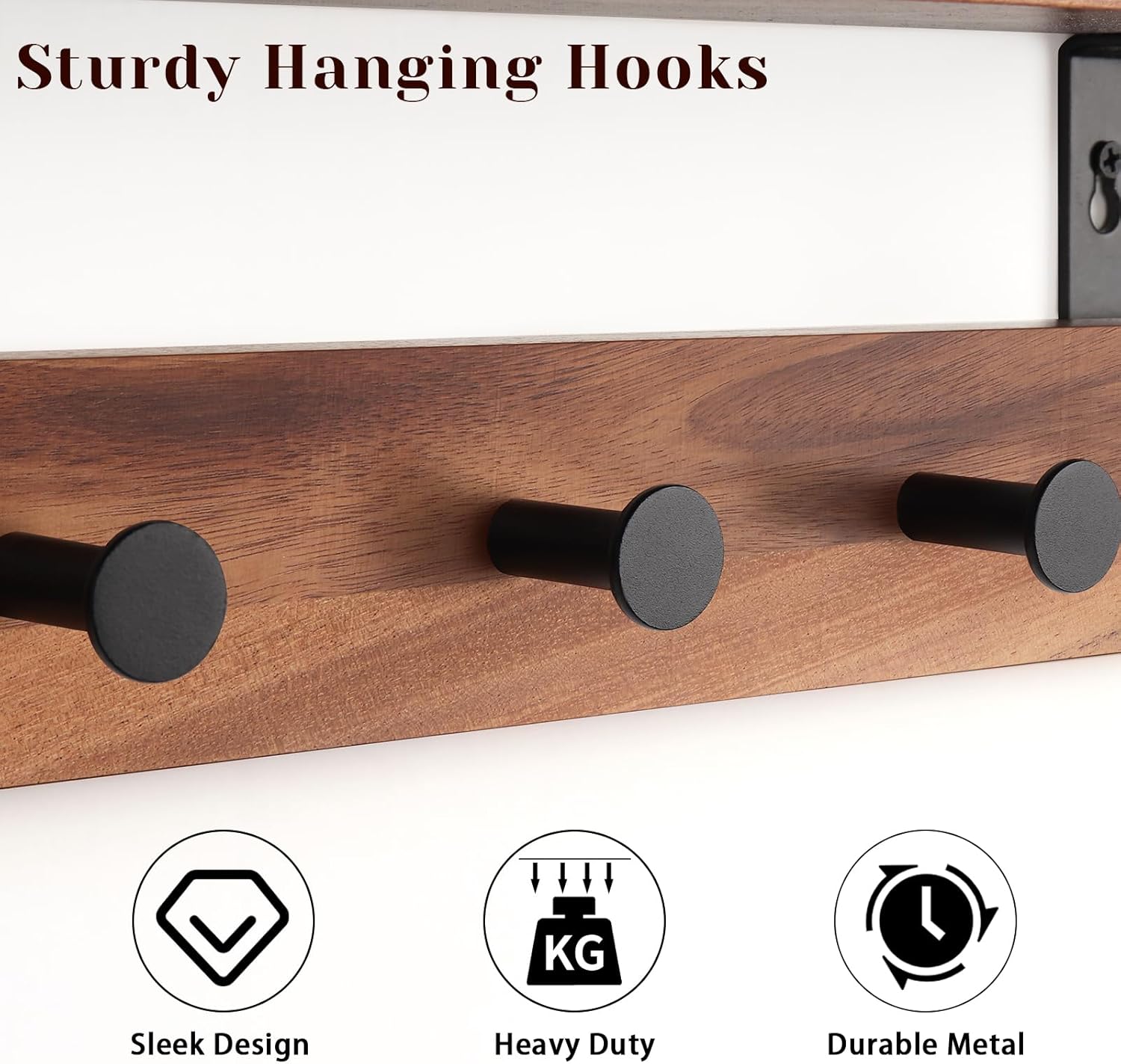 Walnut Wall Shelf with 5 Hooks for Entryway Storage