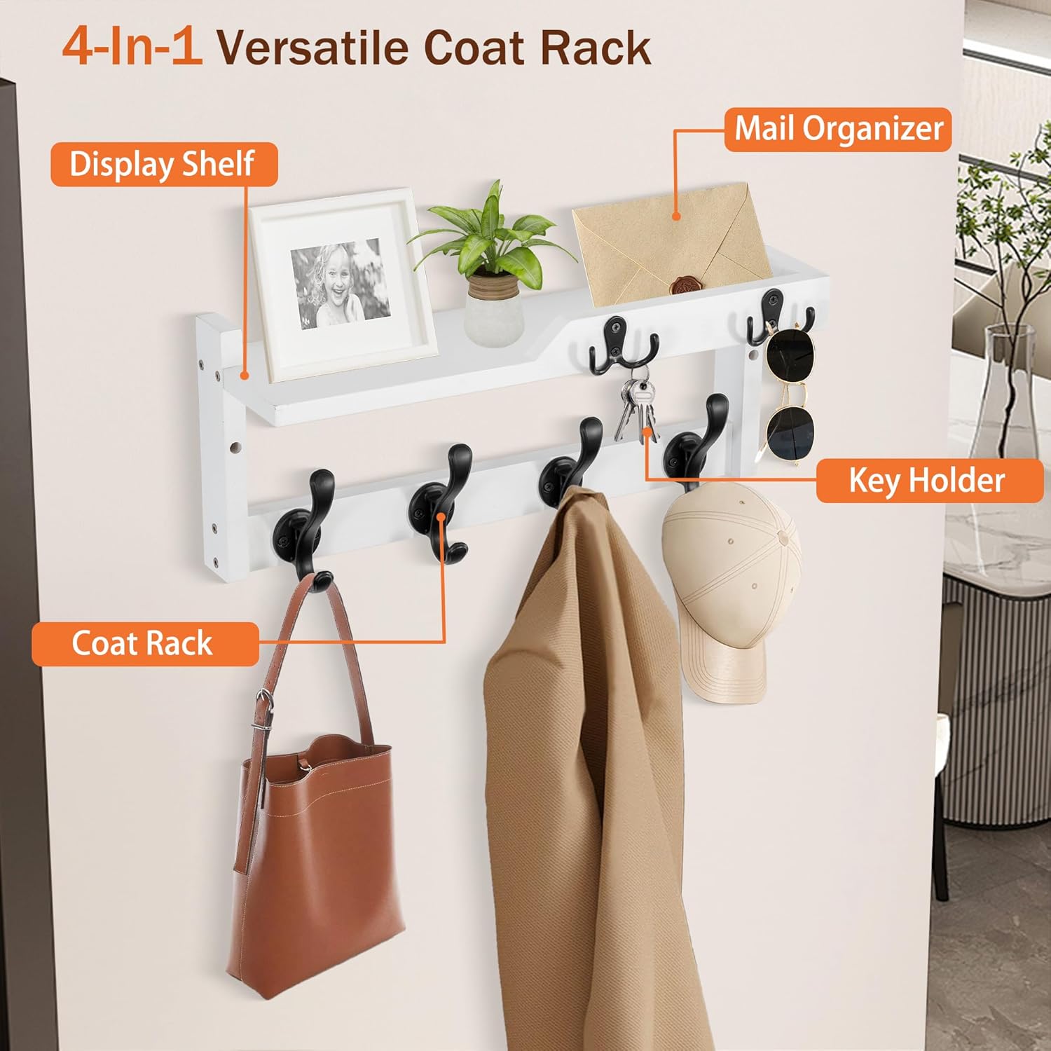 Dreampossible Wall Mount Coat Rack with Key Hooks and Mail Holder