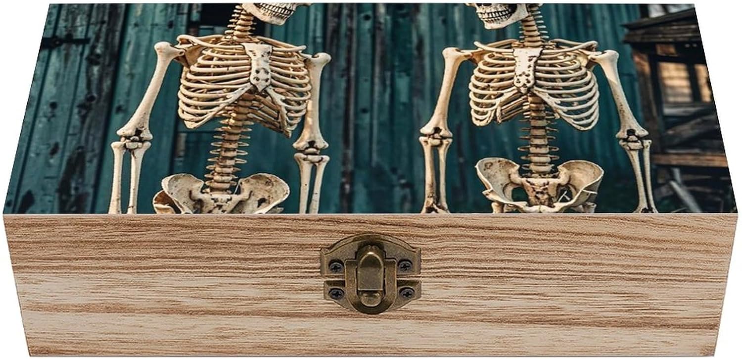 Vintage Wooden Storage Box with Skeletons Print
