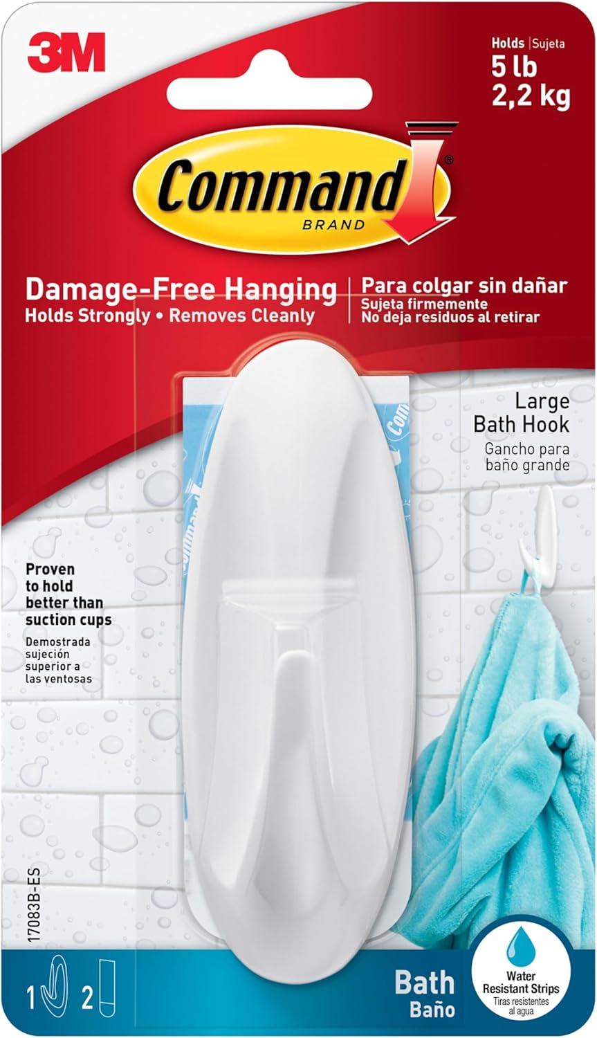 Command Designer Bath Hook Large White 1-Hook for Dorm Organization
