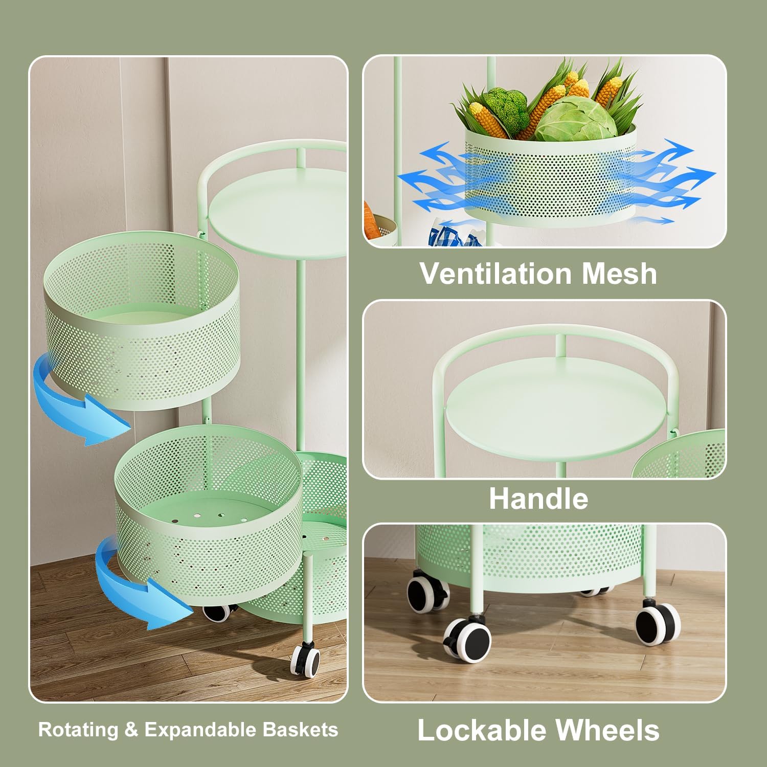 4-Tier Rotating Metal Storage Rack with Drawers