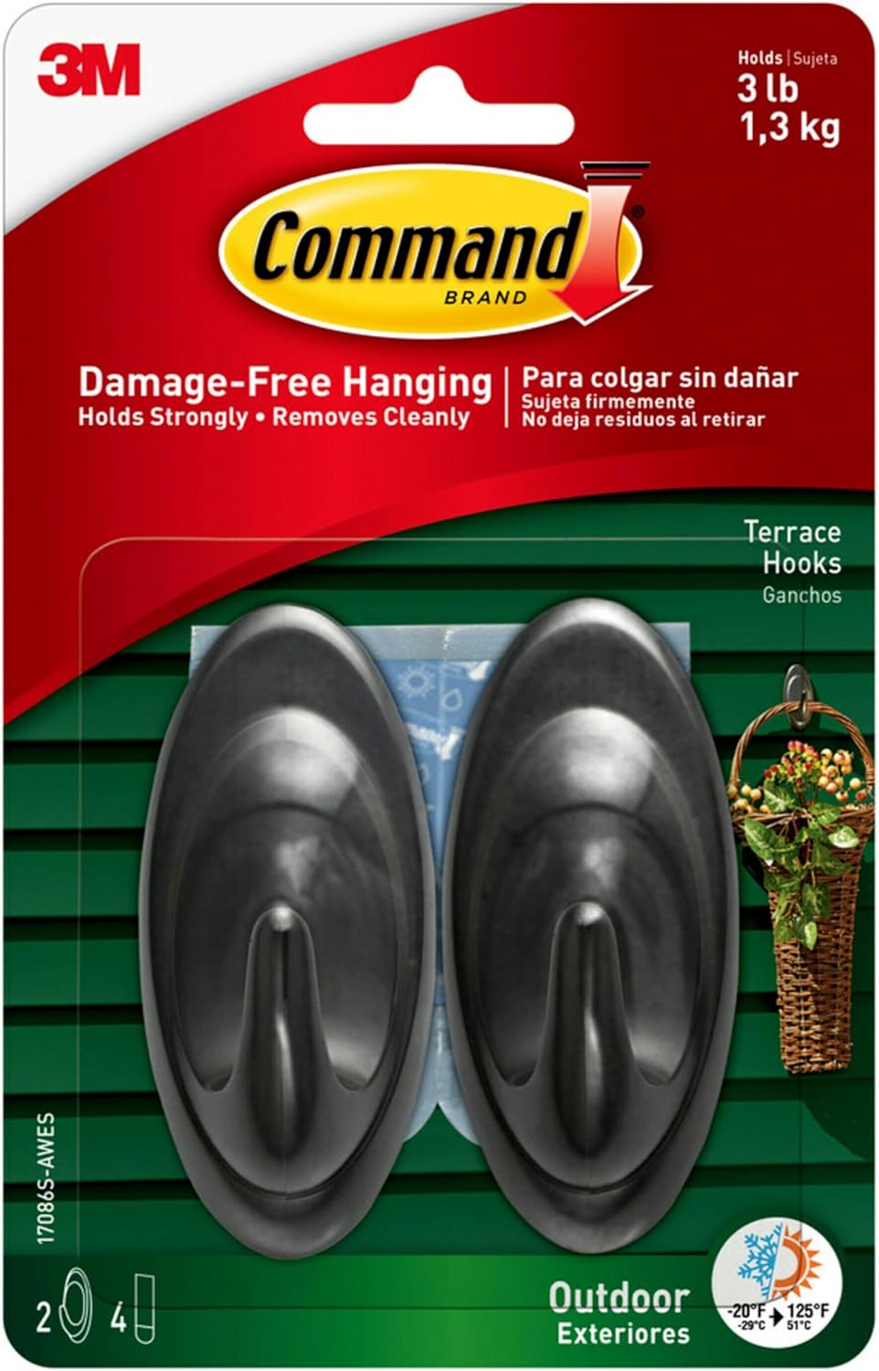 Command Outdoor Terrace Hooks 2 Hooks 4 Strips 3 lb Weight Capacity