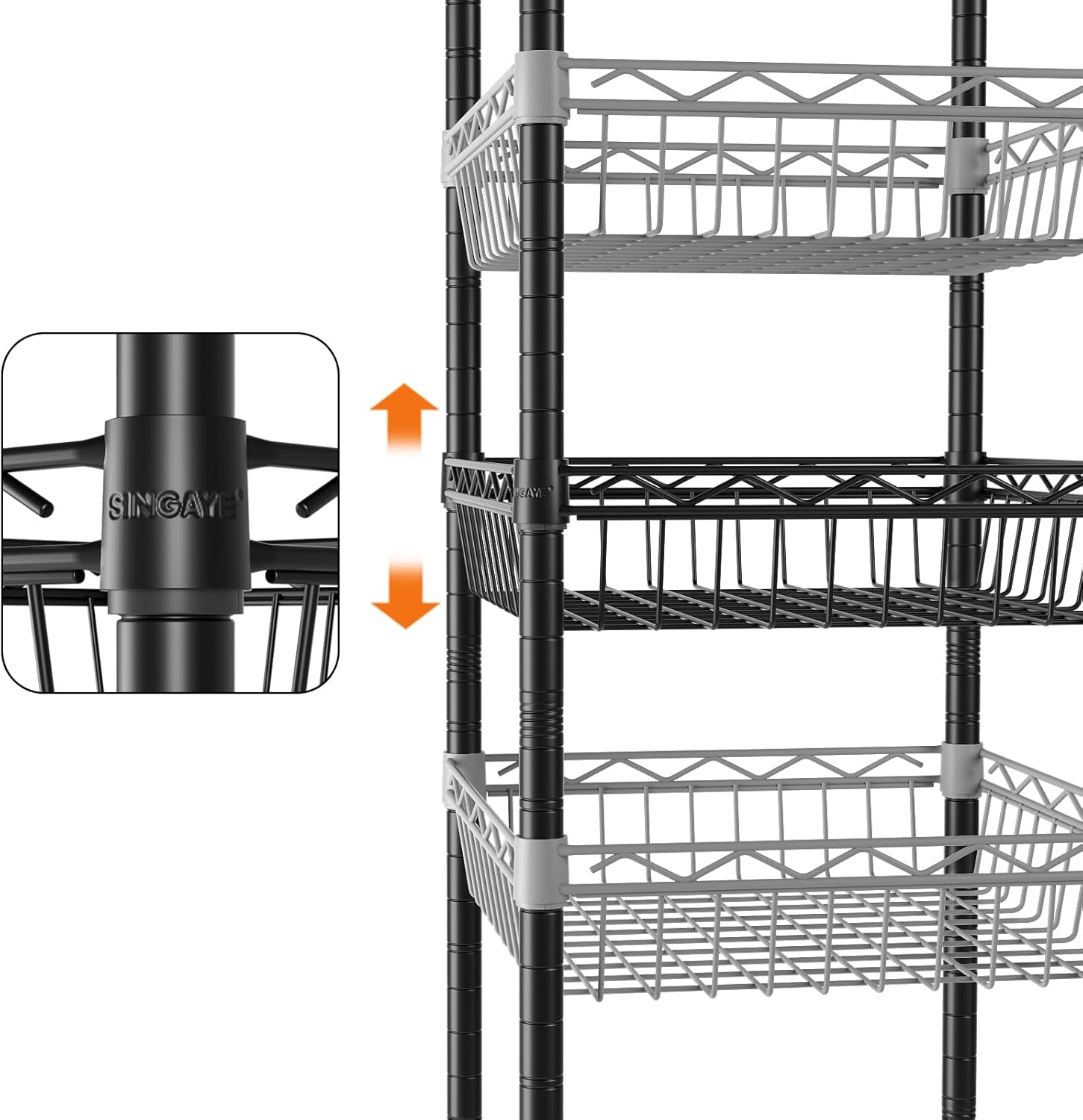 SINGAYE 6 Tier Adjustable Wire Shelf with Wheels Black