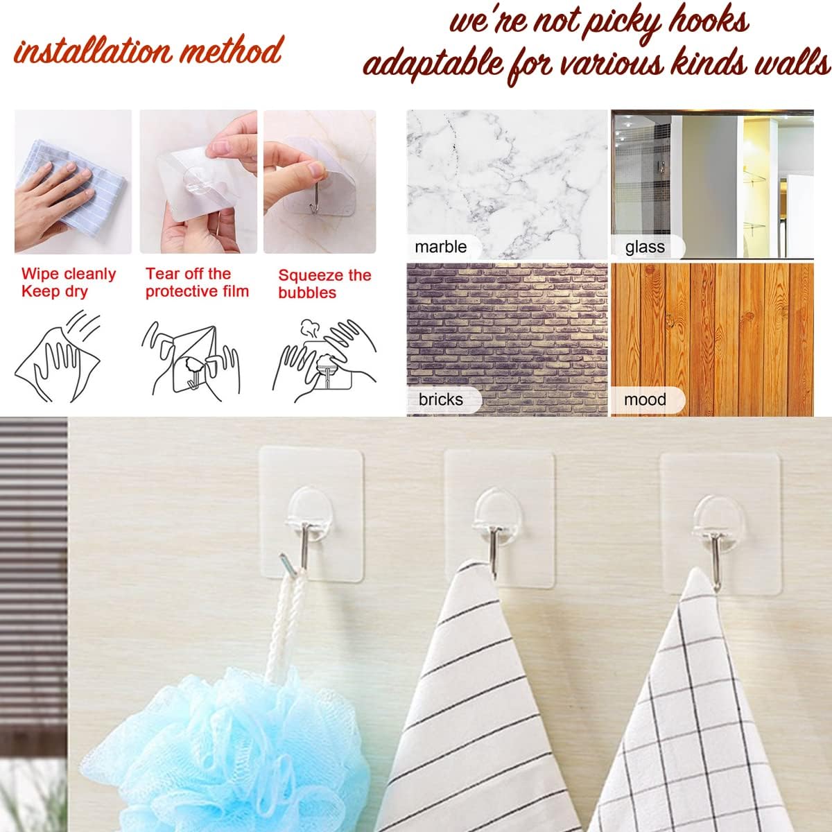 Heavy Duty Adhesive Hooks 14 Pack 33 lb Max Waterproof Oilproof Reusable