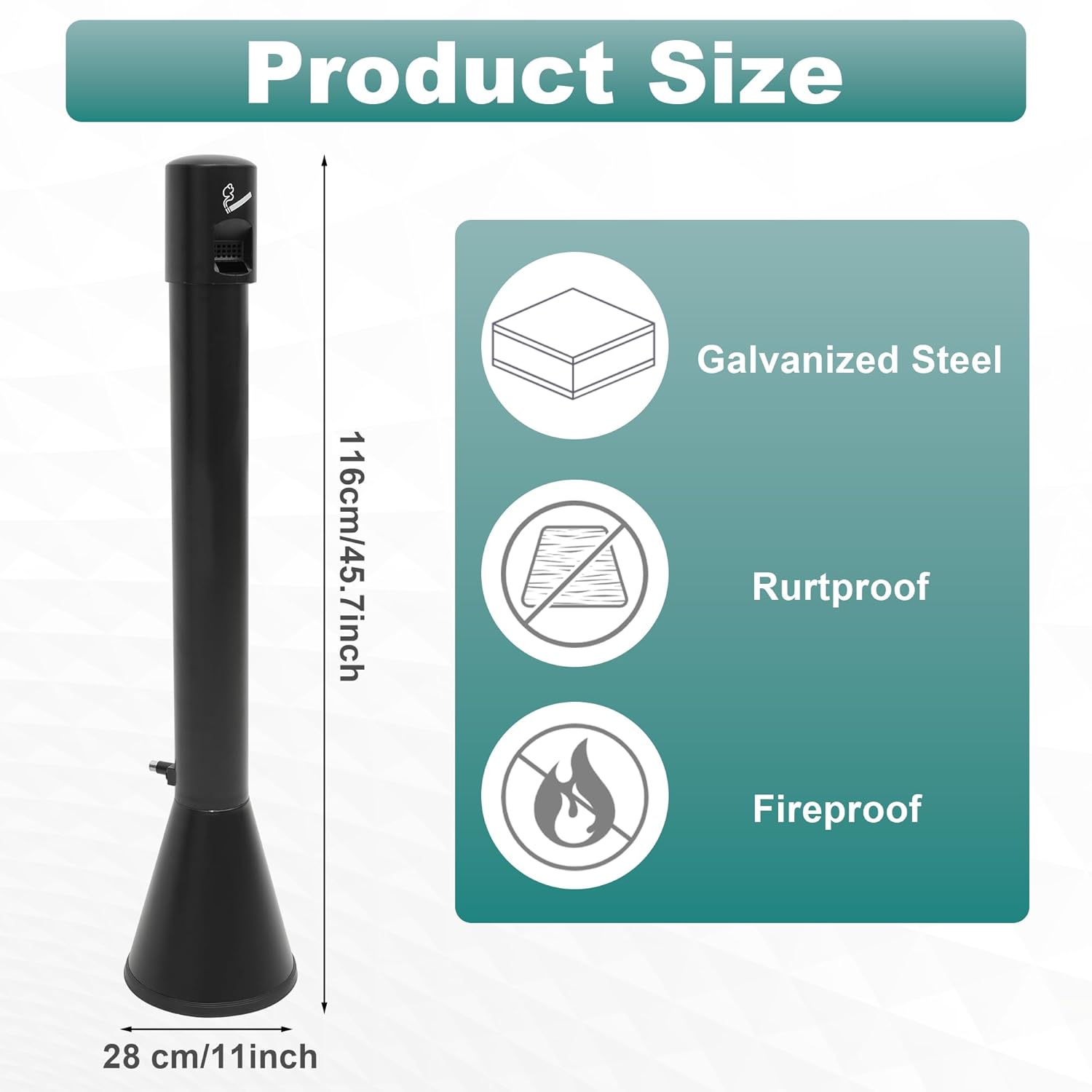 Standing Trash Bin Black Metal Commercial Trash Can with Removable Inner Barrel