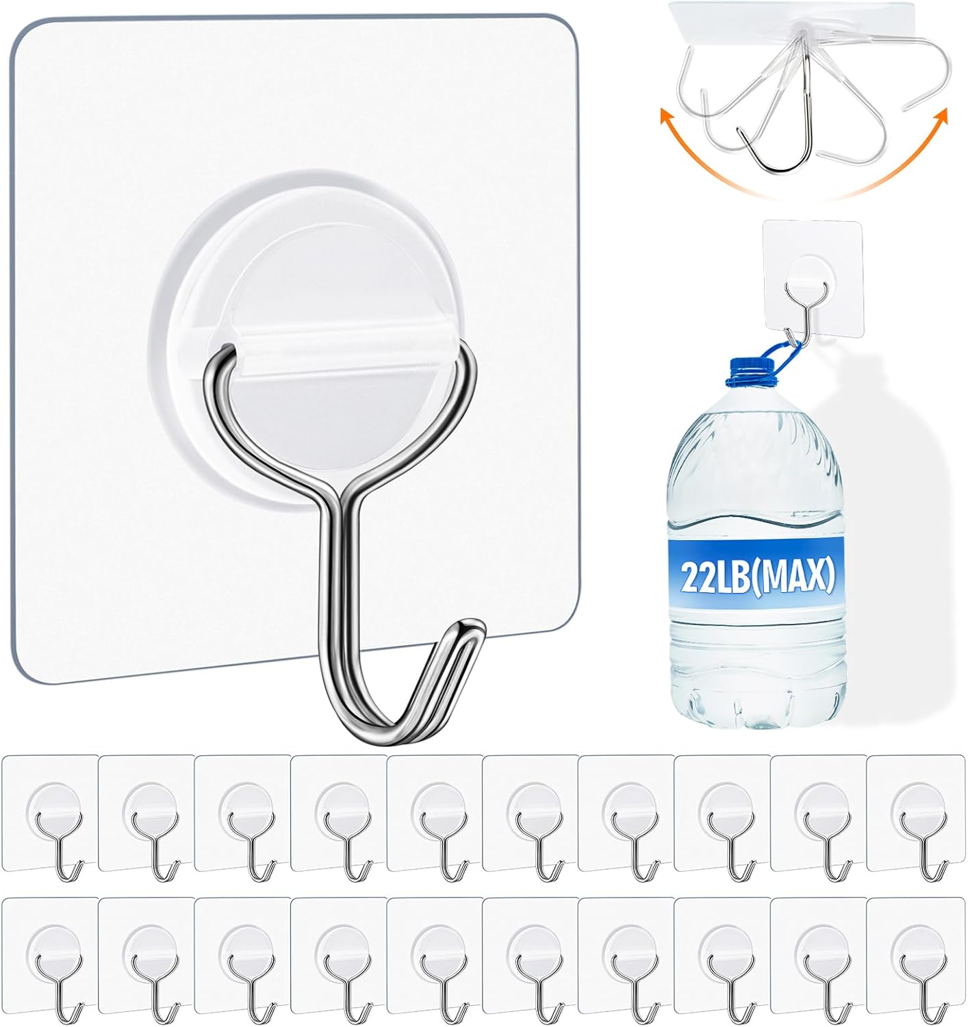 Heavy Duty 22lb Adhesive Wall Hooks - 20 Pack