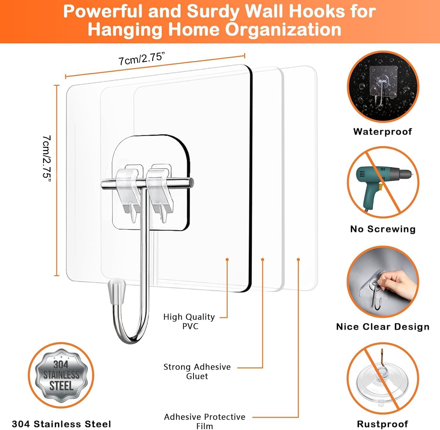 10 Pack Ultra Strong 60 lb Transparent Self-Adhesive Wall Hooks