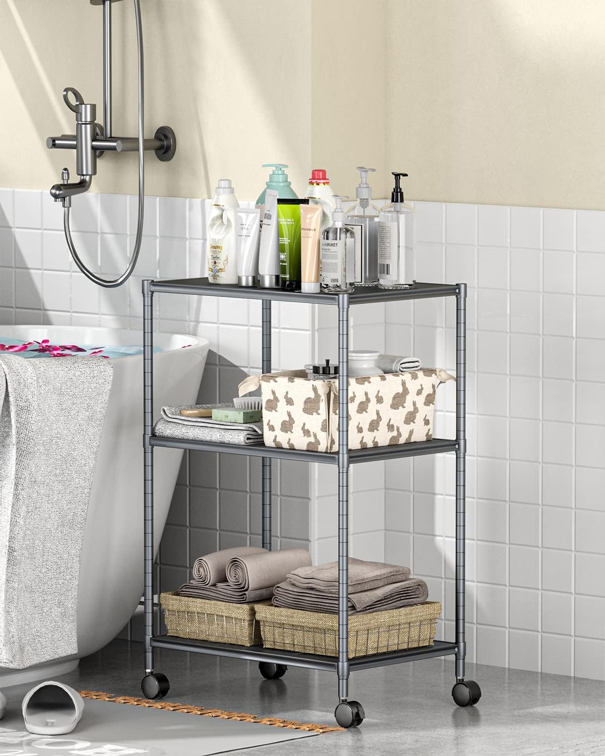 OVICAR 3-Tier Steel Wire Storage Shelving Unit with Wheels