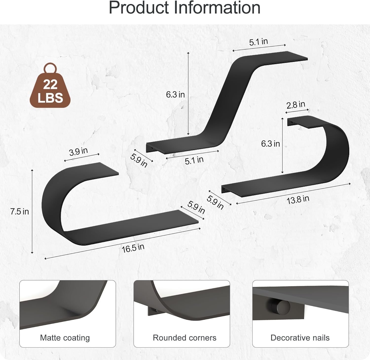 Butunita Black Floating Shelves Set of 3