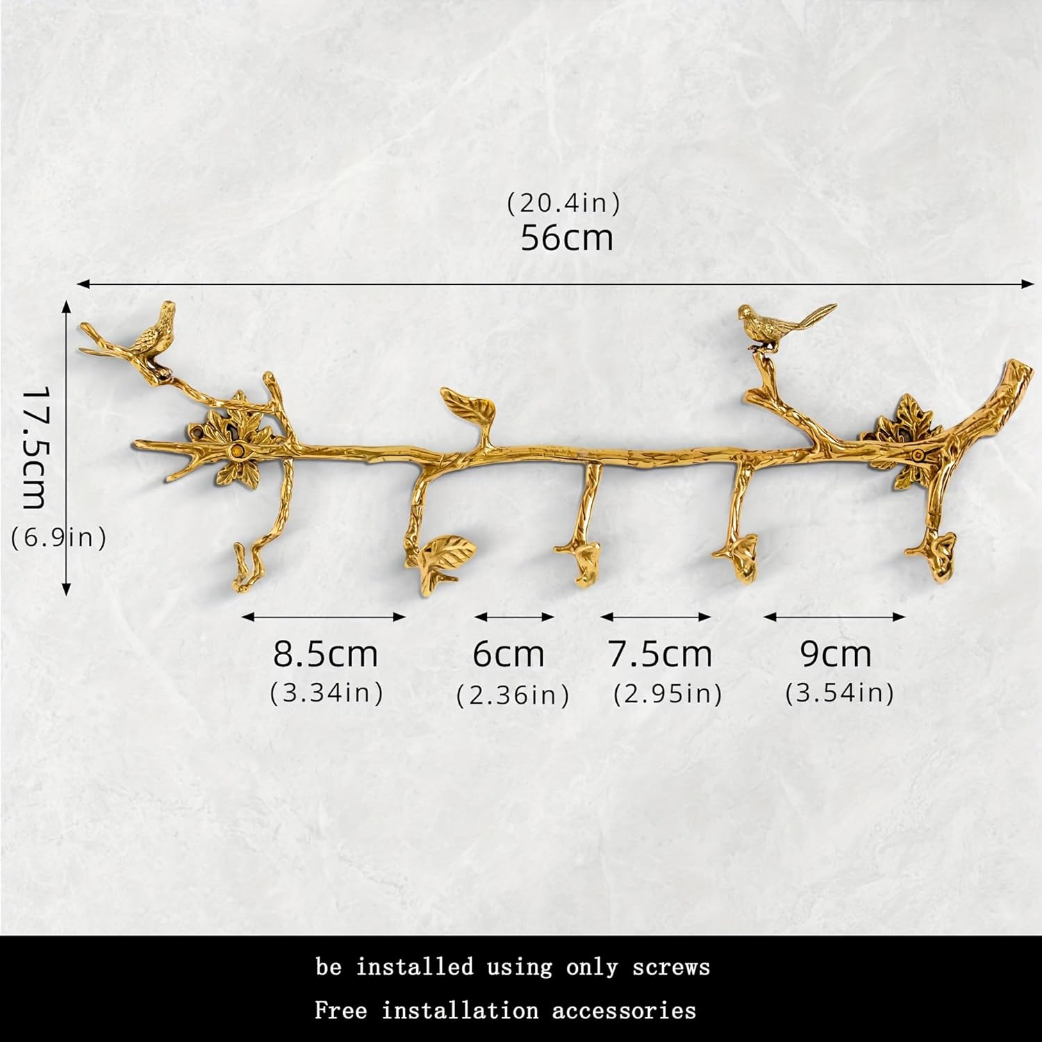 Brass Wall Mounted Hanger with 6 Hooks and Bird Decor
