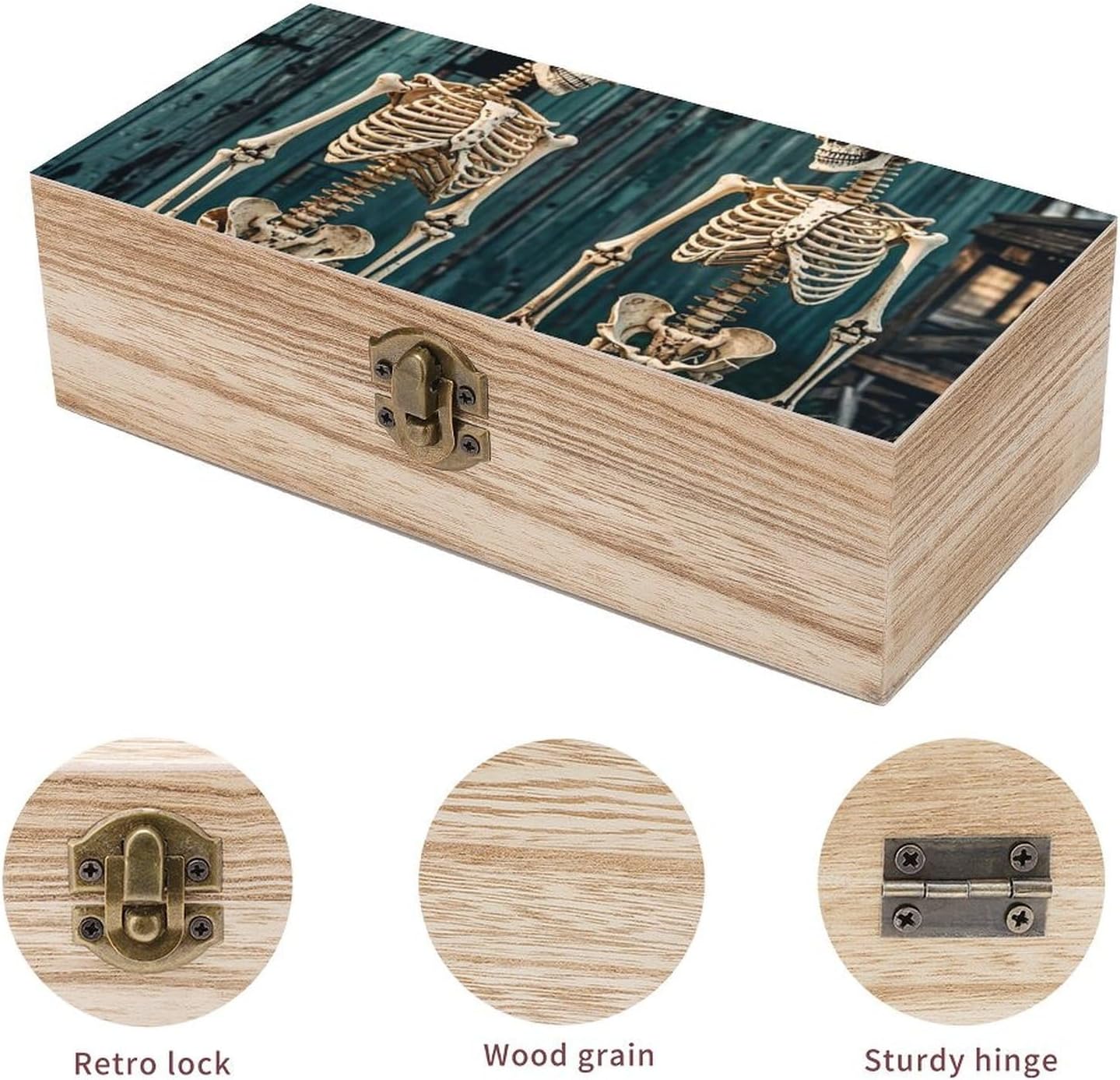 Vintage Wooden Storage Box with Skeletons Print
