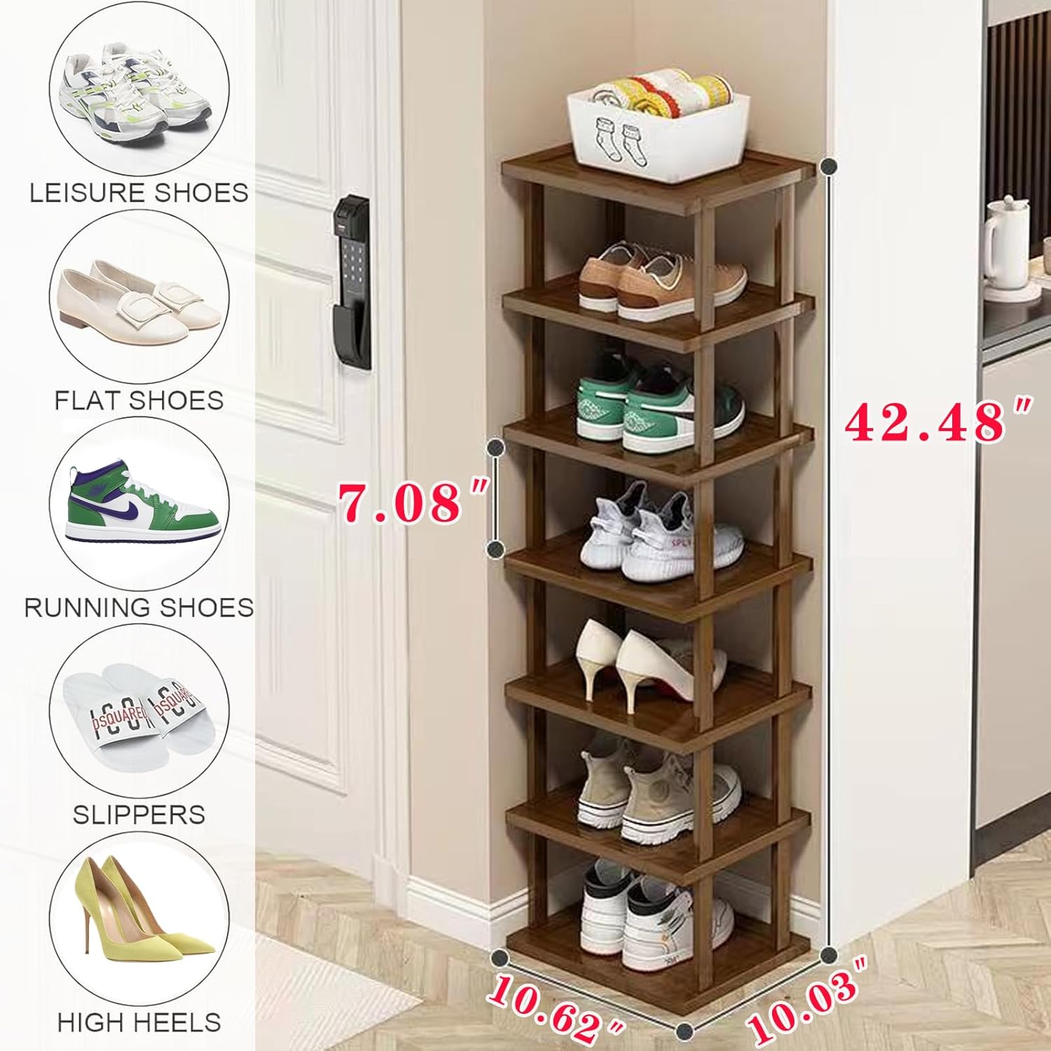 Vertical Bamboo Shoe Rack with 7 Tiers for Small Spaces