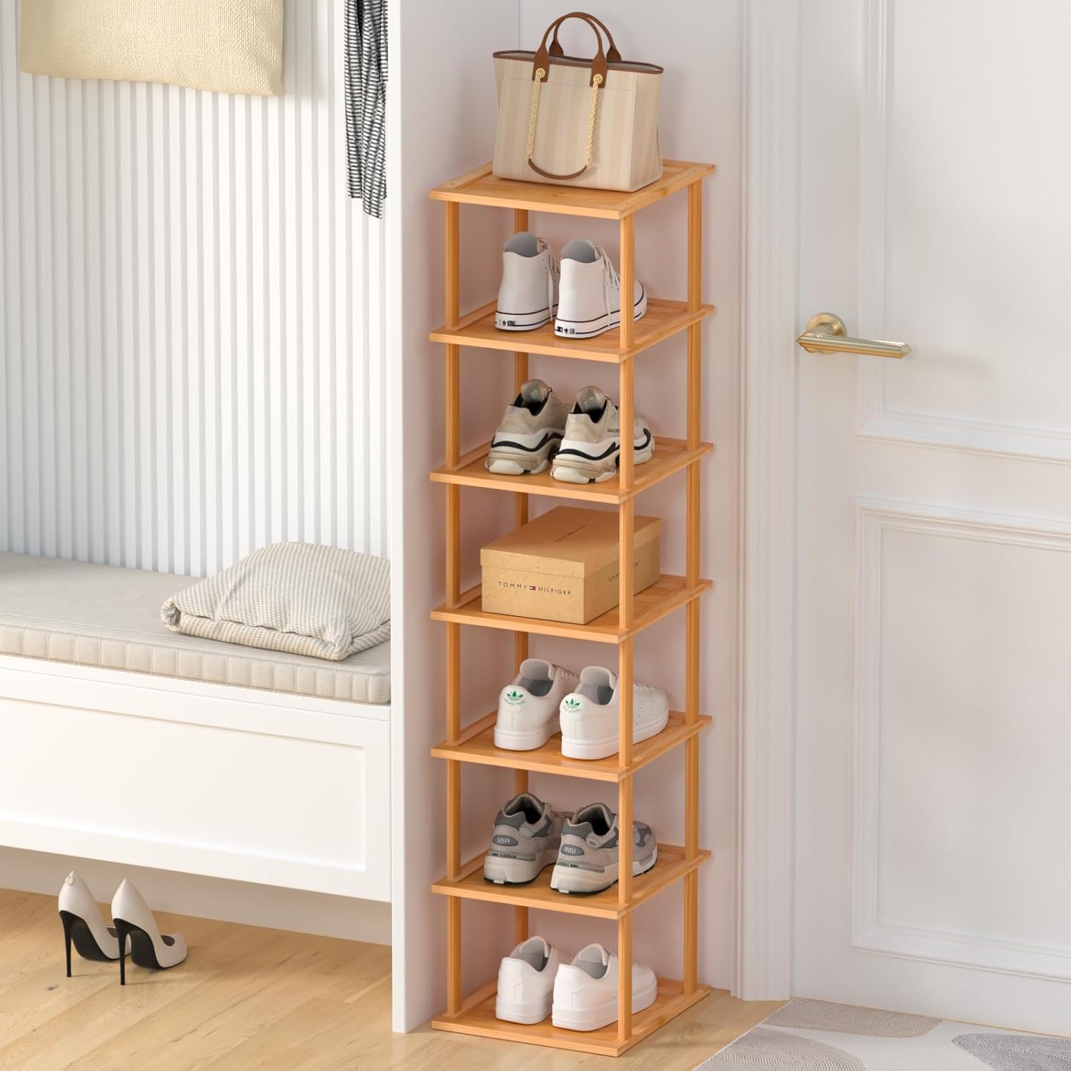 Bamboo 7 Tier Free Standing Shoe Rack for Entryway Closet