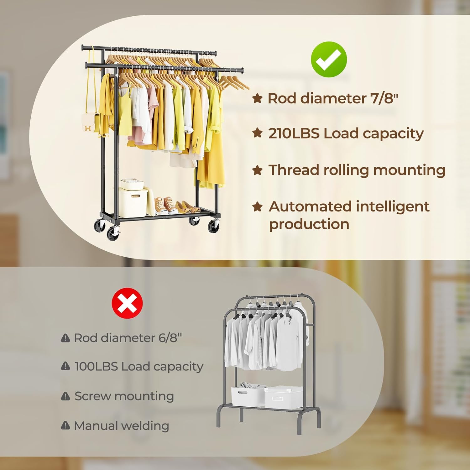 Double Rods Clothes Rack with Rolling Wheels
