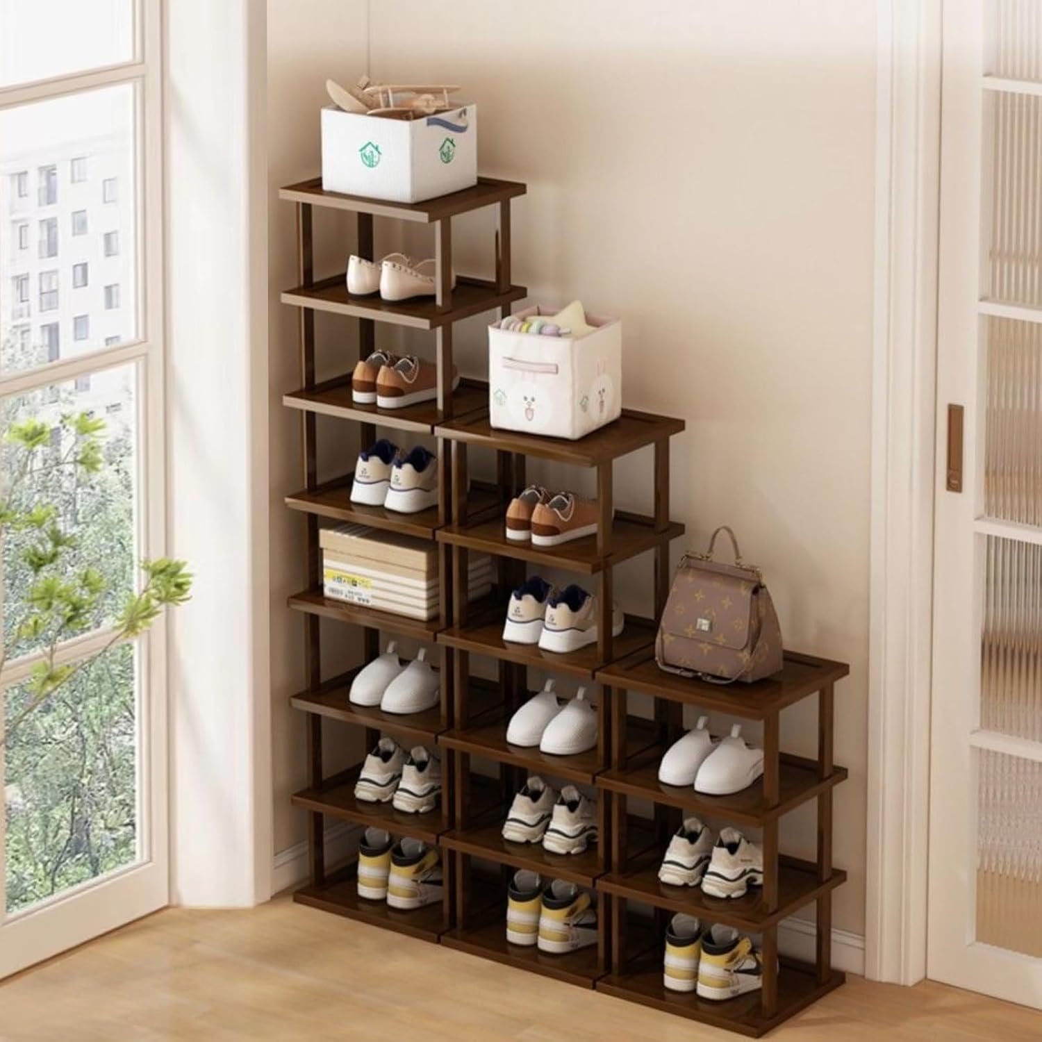 Vertical Bamboo Shoe Rack with 7 Tiers for Small Spaces