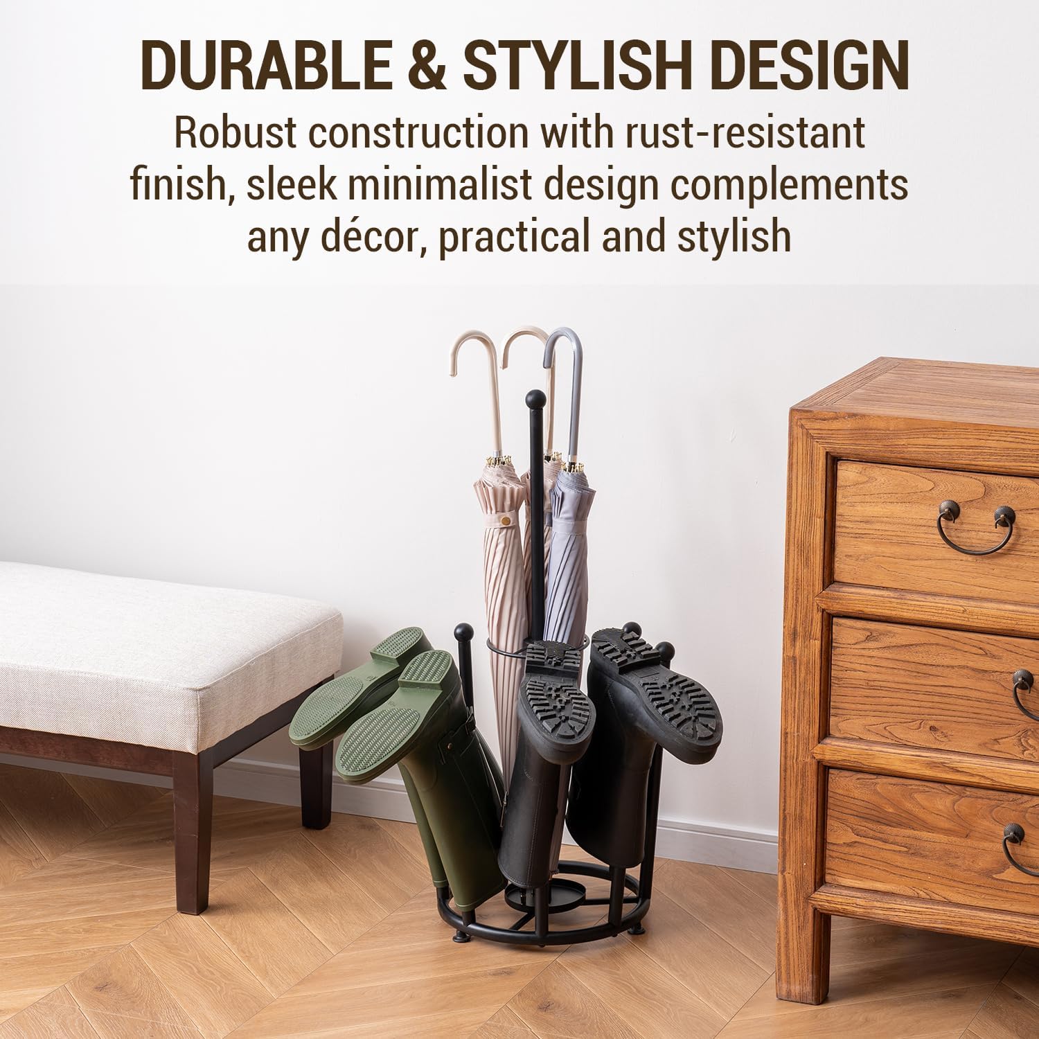 Modern Matte Black Boot Rack with Umbrella Holder and Inverted Drying Design