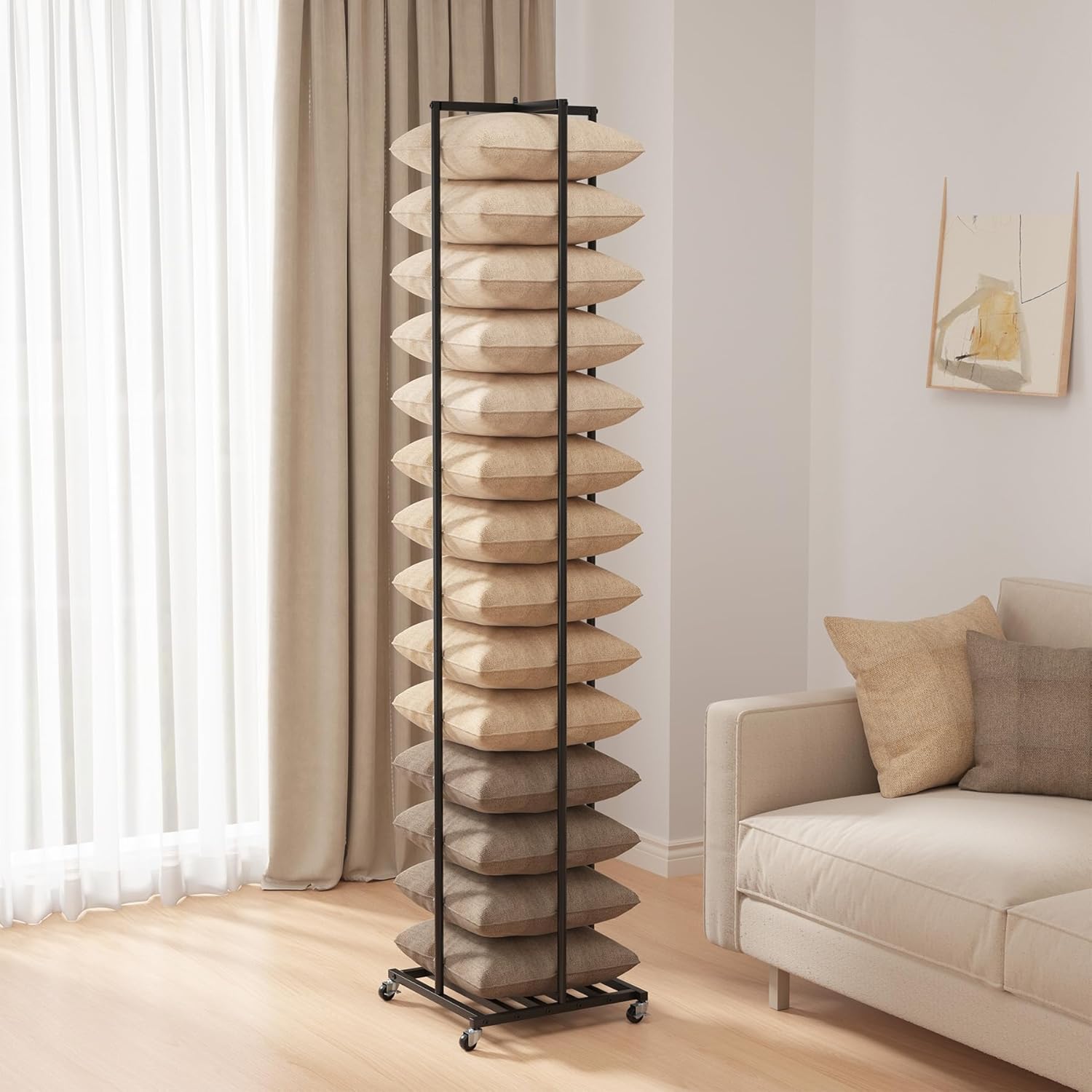 Pillow Storage Rack with Adjustable Height and Mobile Wheels