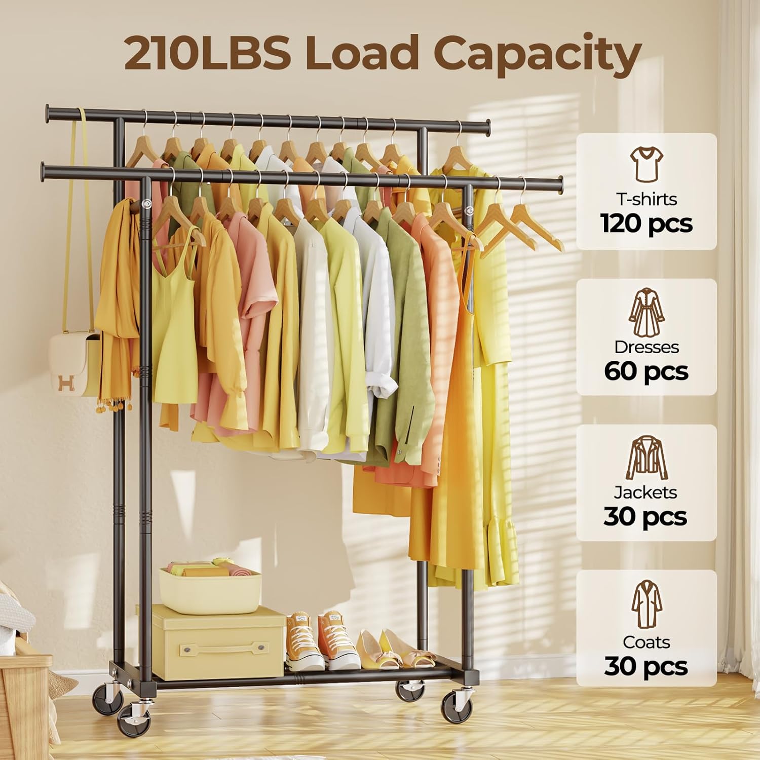 Double Rods Clothes Rack with Rolling Wheels