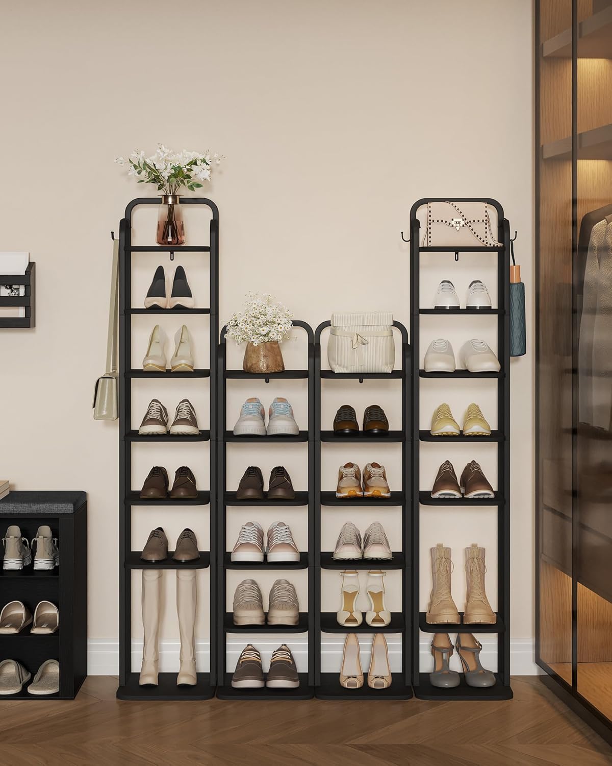 8 Tiers Vertical Shoe Rack Narrow Black Adjustable Corner Storage