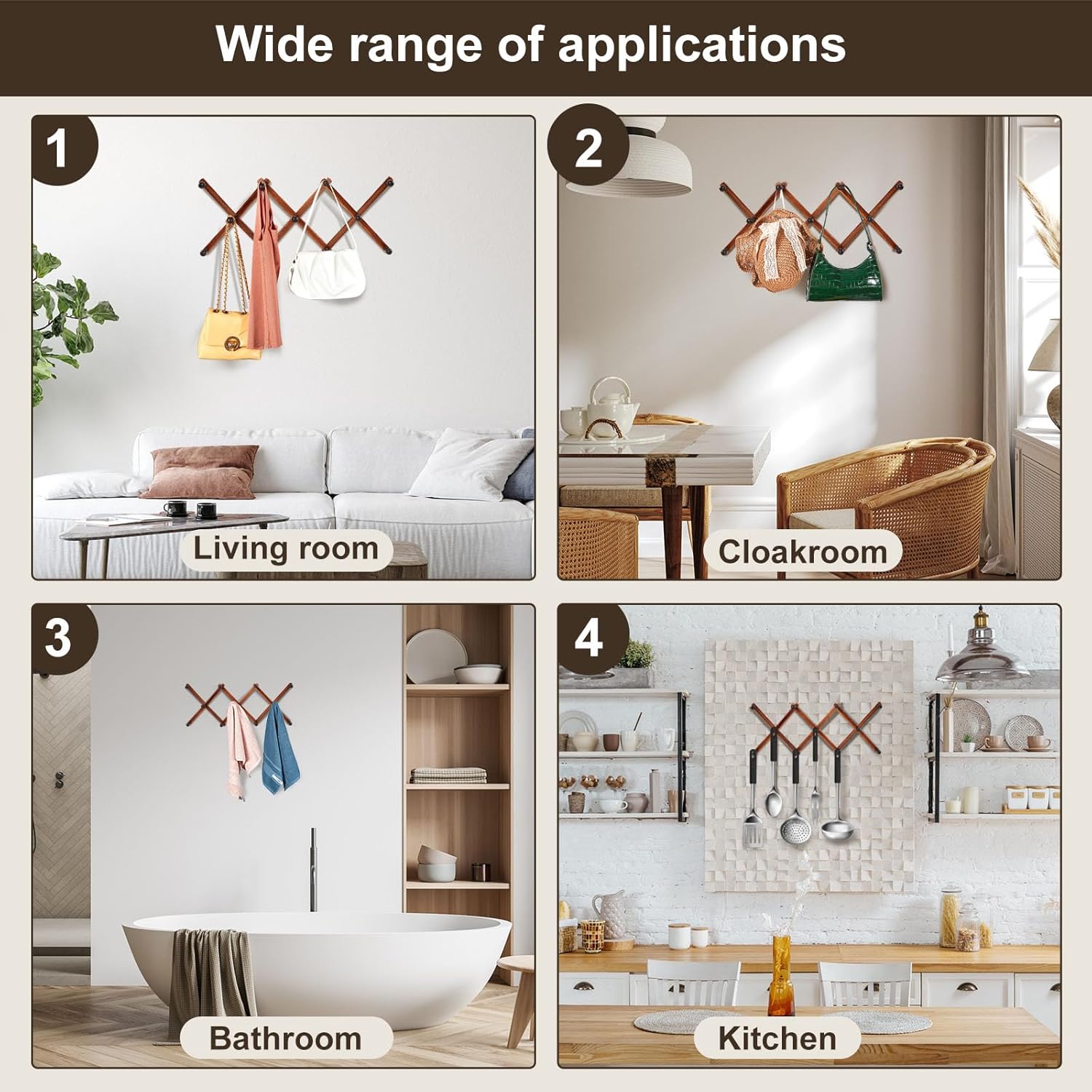 4 Pcs Expandable Wooden Coat Rack Wall Hanger with 11 Hooks