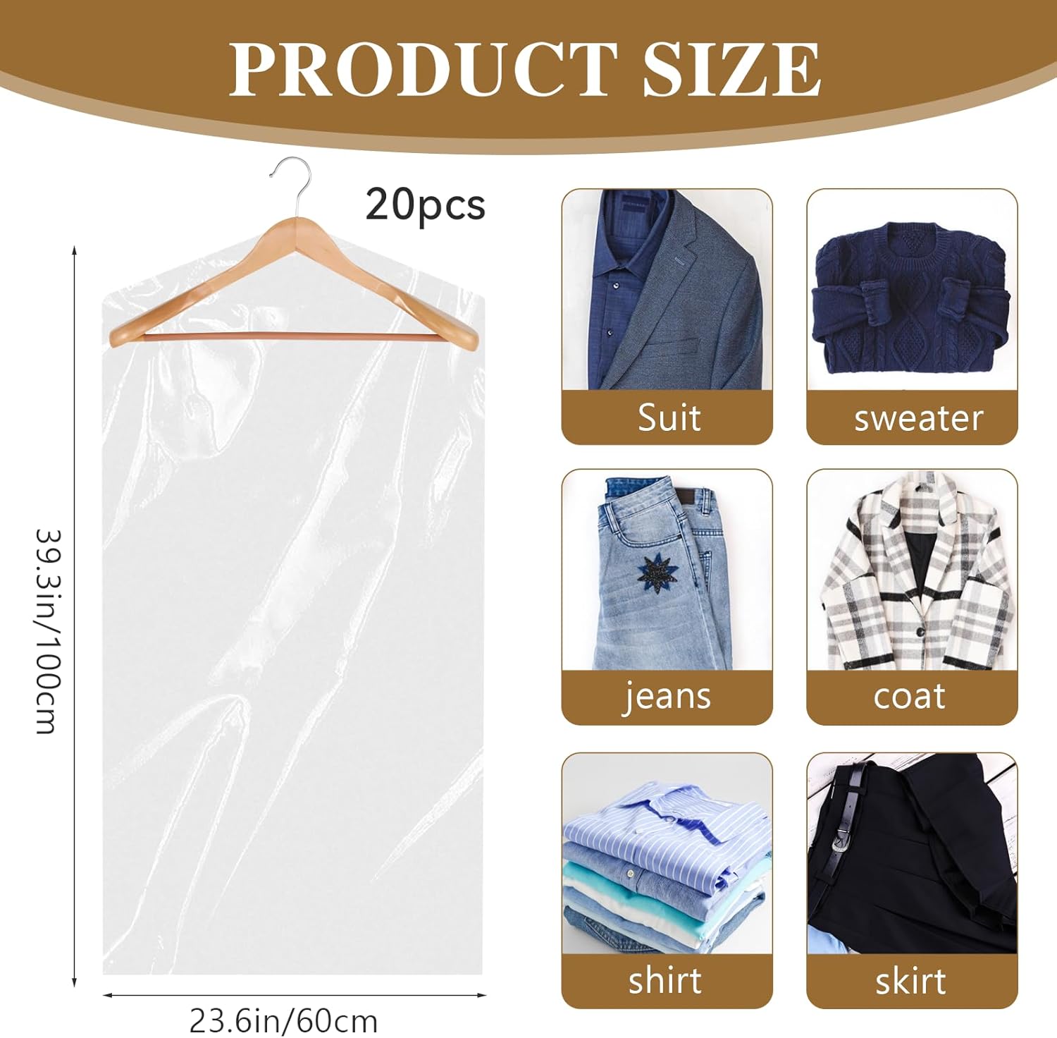 20 Pack Clear Clothes Covers for Hanging Garments Plastic Dry Cleaning Bags