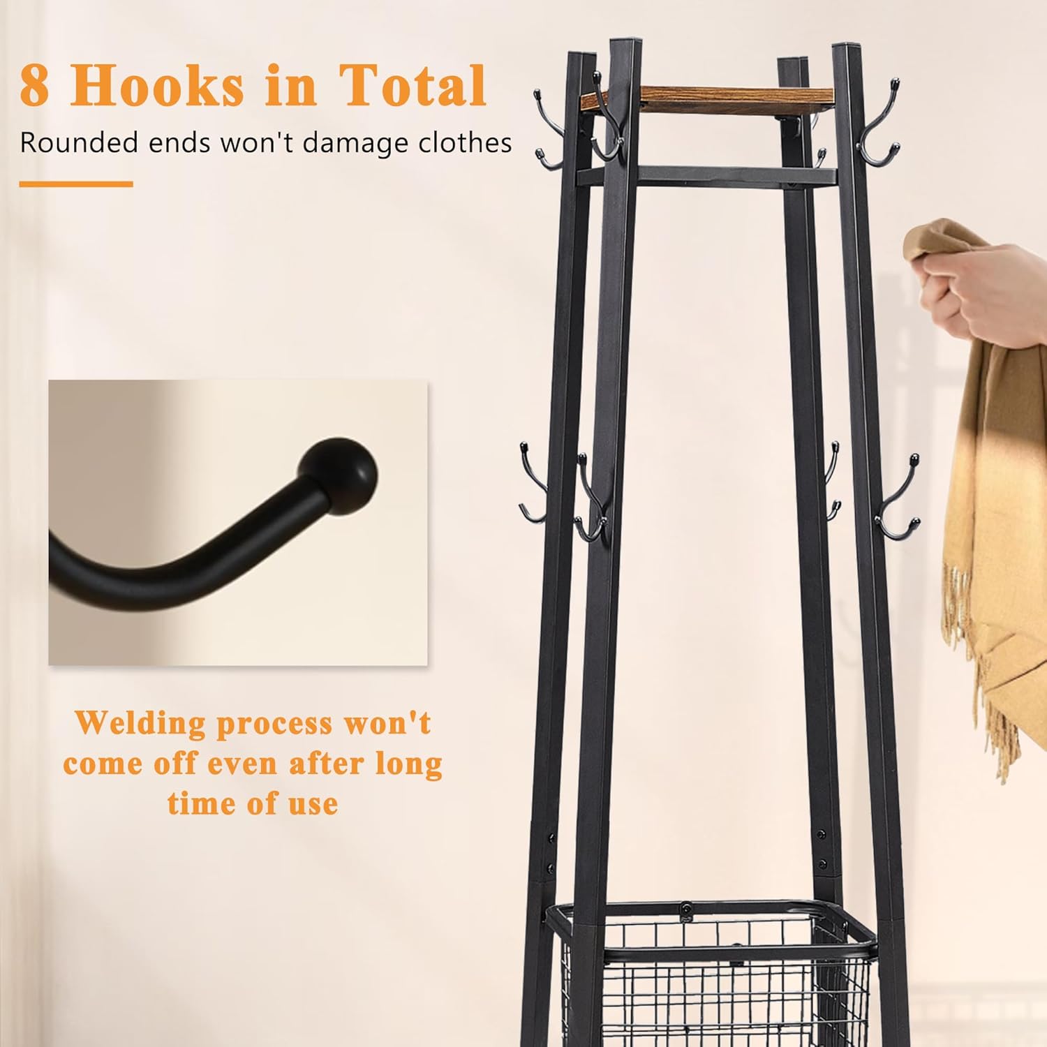 VECELO Freestanding Coat Rack with Metal Basket and Shelves