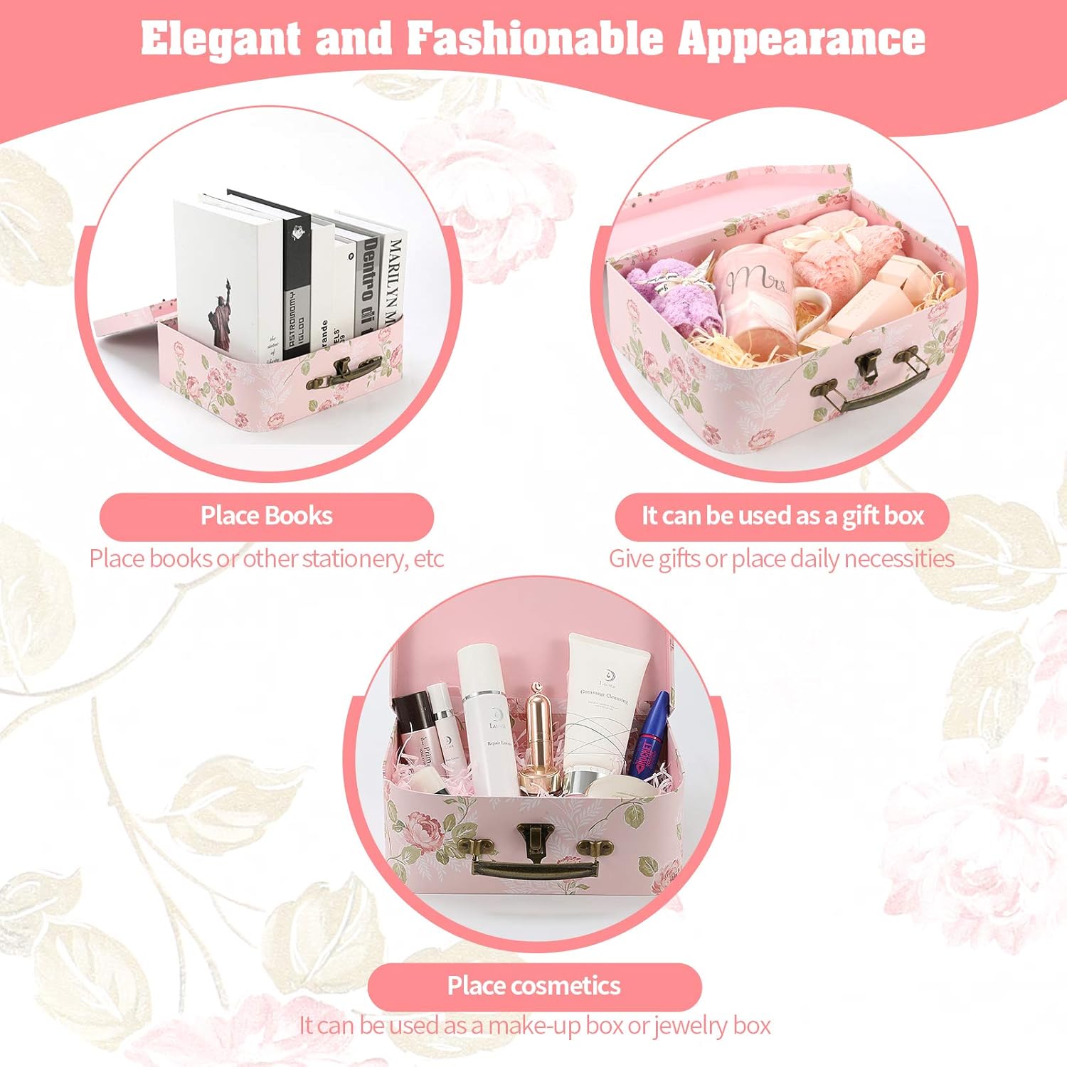 Set of 3 Decorative Storage Boxes With Lids for Home Decor and Gift Storage Pink Flowers Design