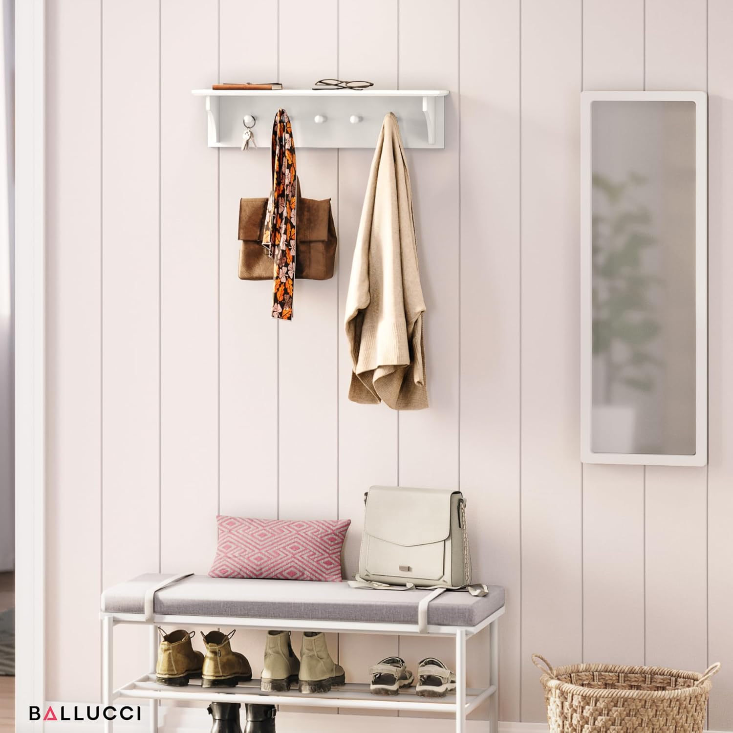 Ballucci Floating Coat and Hat Wall Shelf Rack 5 Pegs 24 White