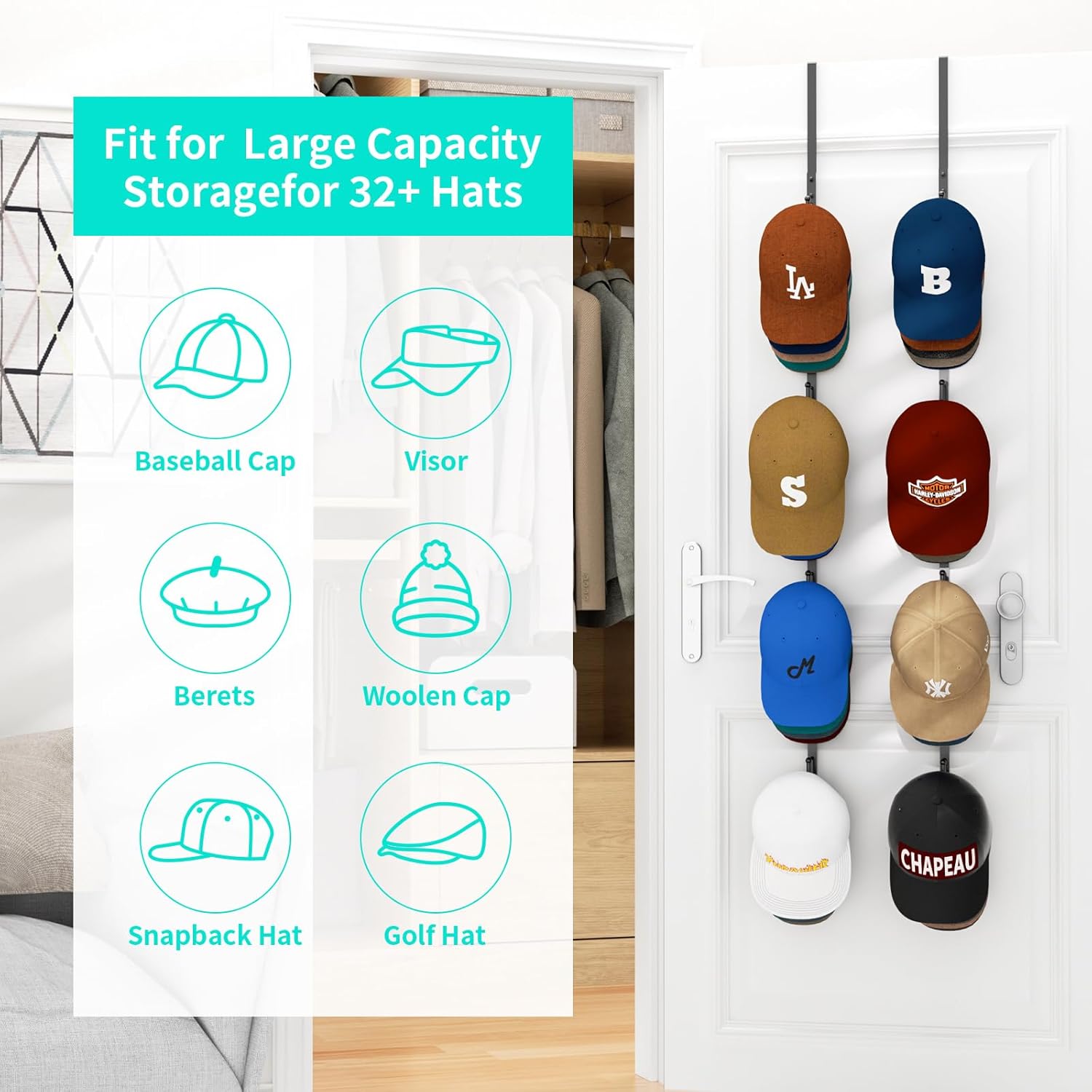 HapiRm Double Door Hat Rack with 8 Hooks 2 Pack Storage for Hats and Accessories