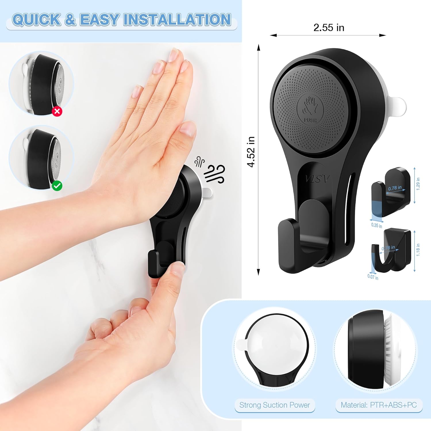 VISV Shower Suction Cup Hooks 2 Pcs Black