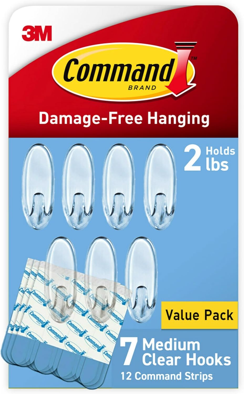 3M Command Medium Clear Wall Hooks with Adhesive 7 Hooks and 12 Strips