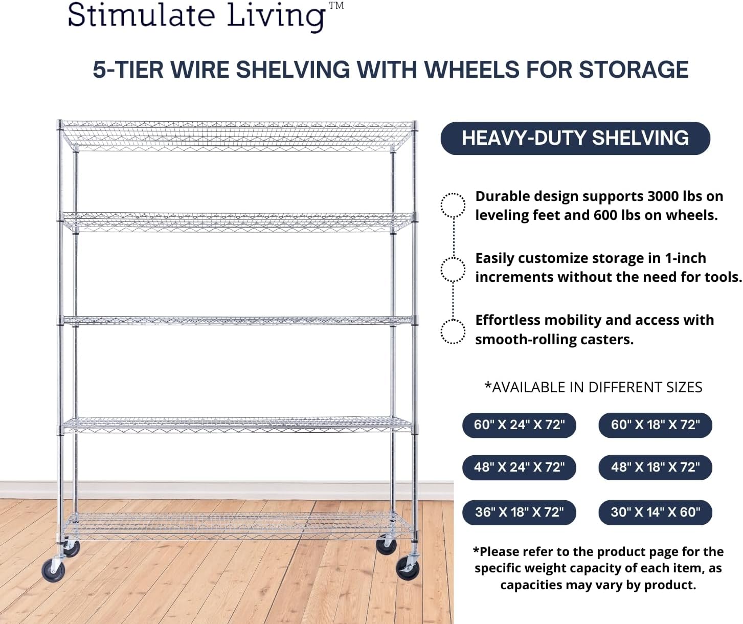 60x24x72 Chrome 5-Tier Heavy Duty Shelving with Wheels