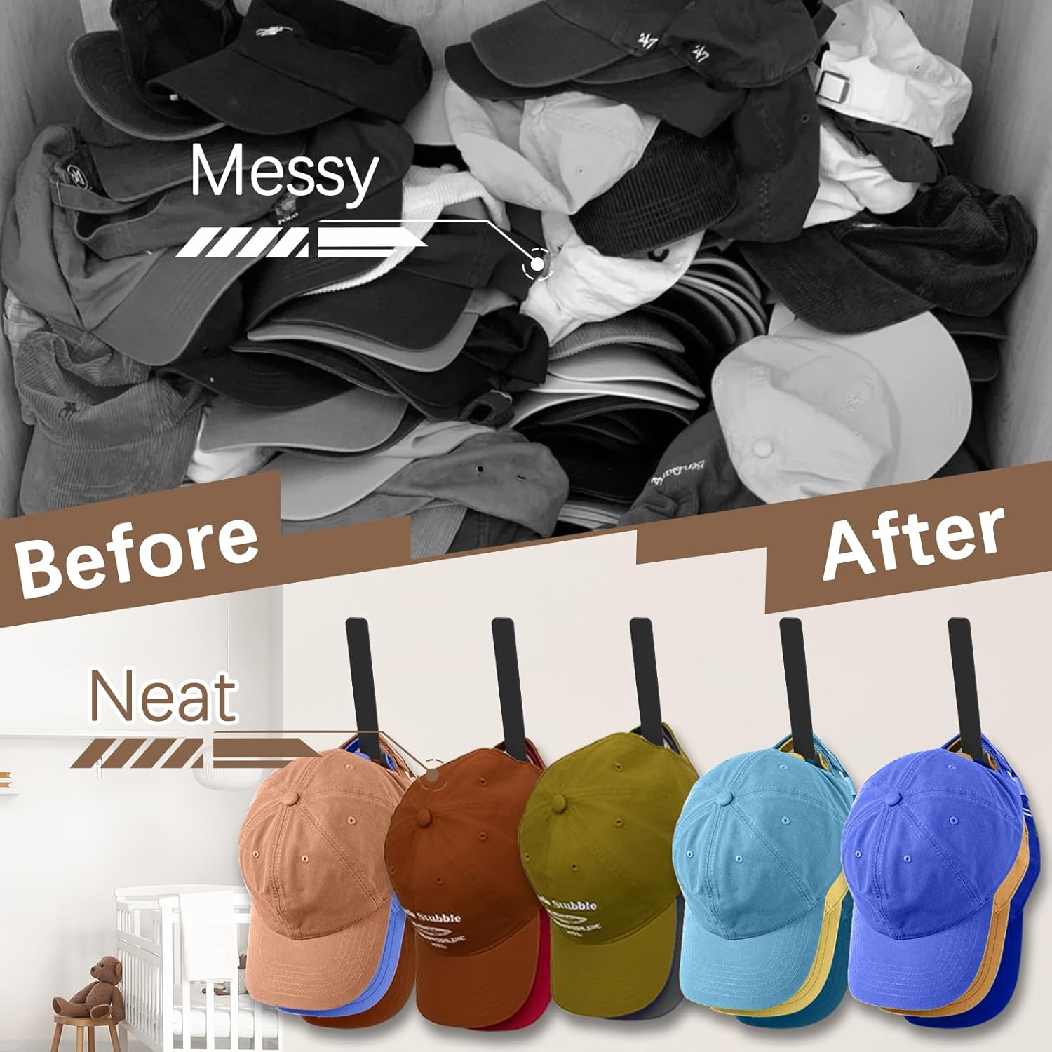 5 Pack Metal Hat Racks for Baseball Caps - Wall Mounted Storage Organizer