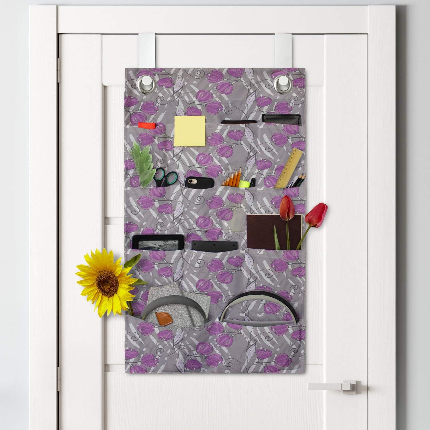 Ambesonne Floral Hanging Pocket Organizer 21x31 Fuchsia Taupe Grey