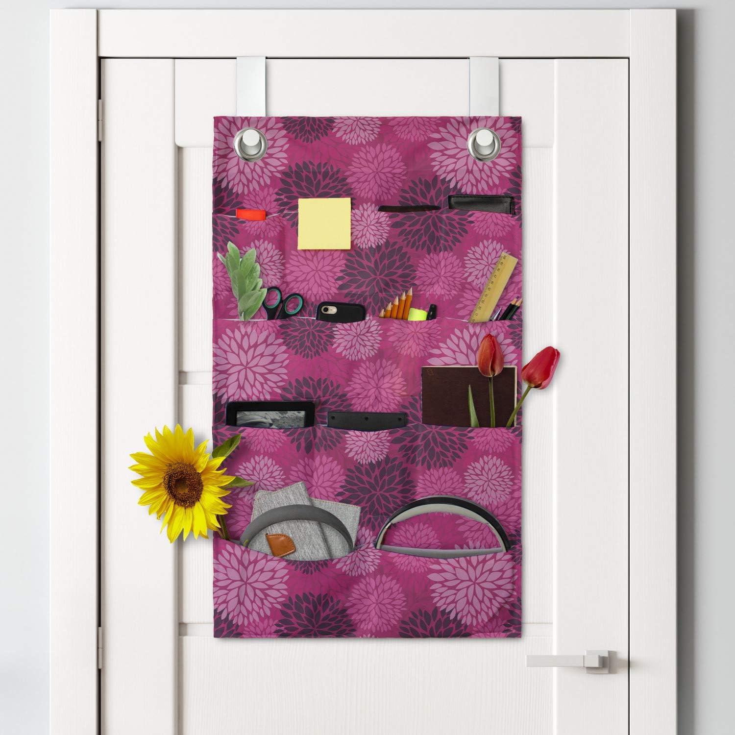 Ambesonne Dahlia Hanging Pocket Organizer 21 x 31 Inches Hot Pink and Dark Purple