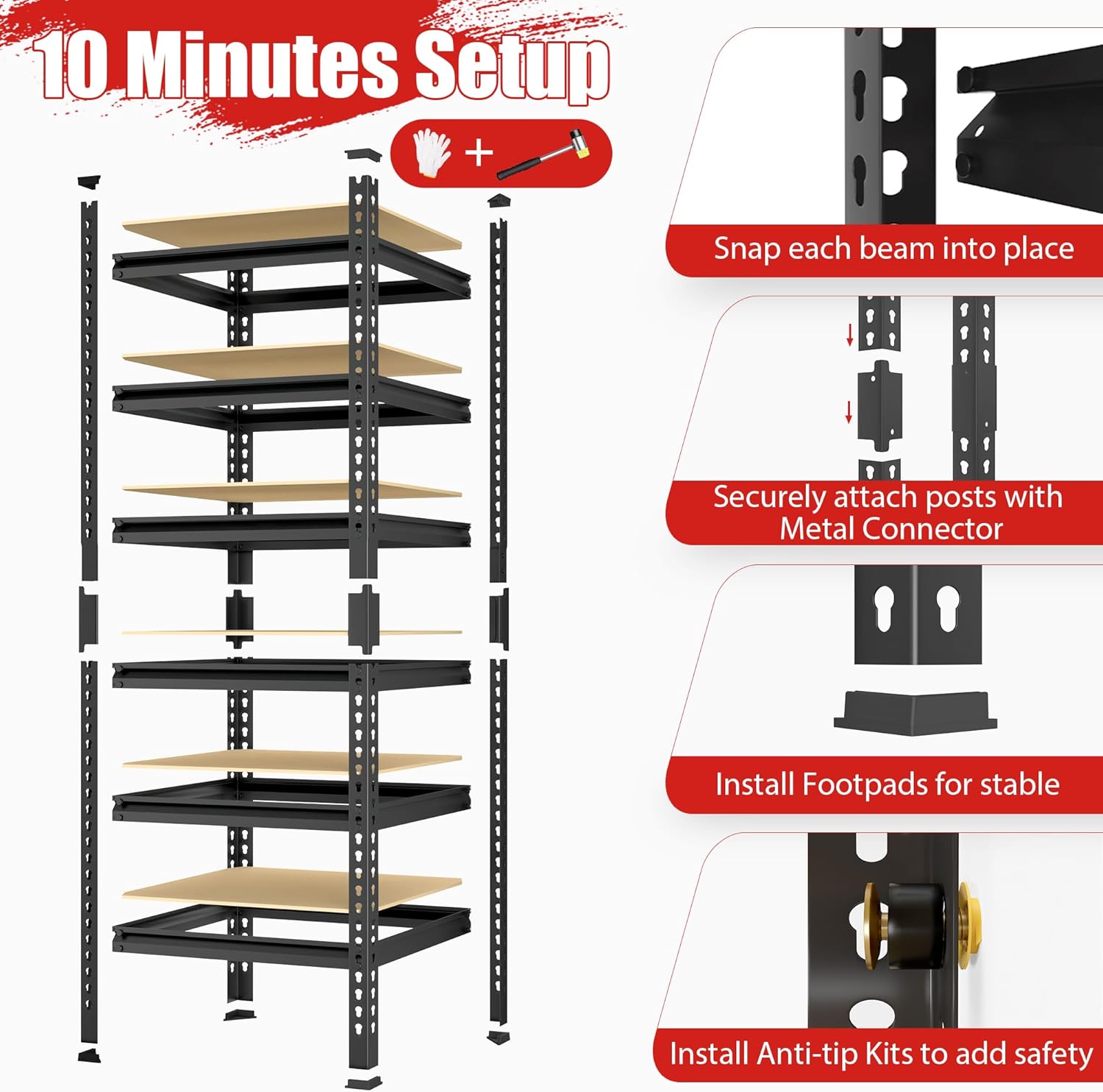PrimeZone 6 Tier Garage Storage Shelves - Black