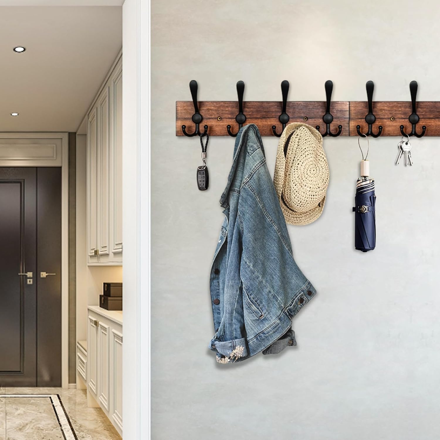 IBosins Wall Mounted Coat Rack with 8 Black Tri Hooks