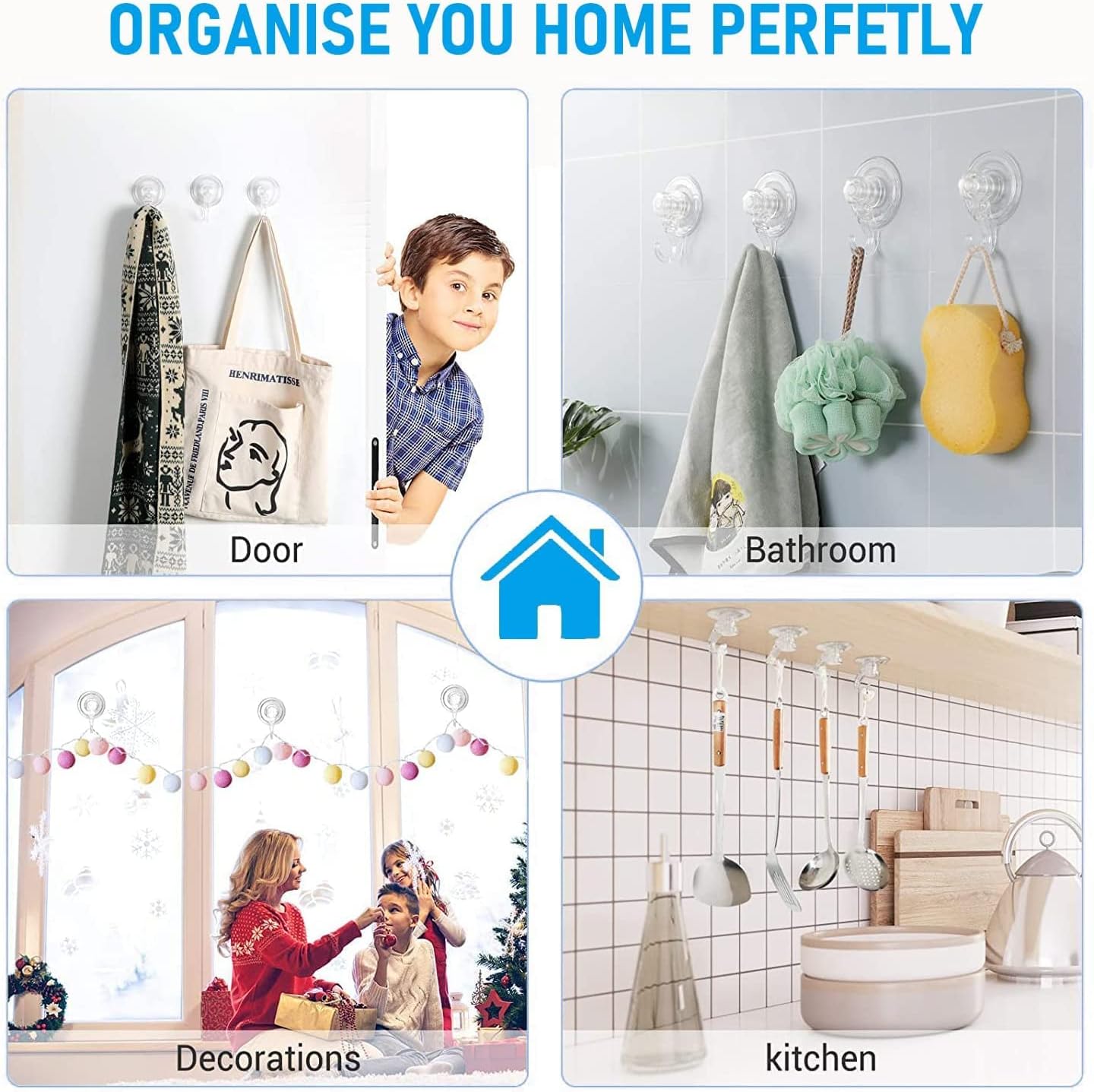 Quntis Wreath Hanger 6 Pack - Clear Suction Cup Hooks
