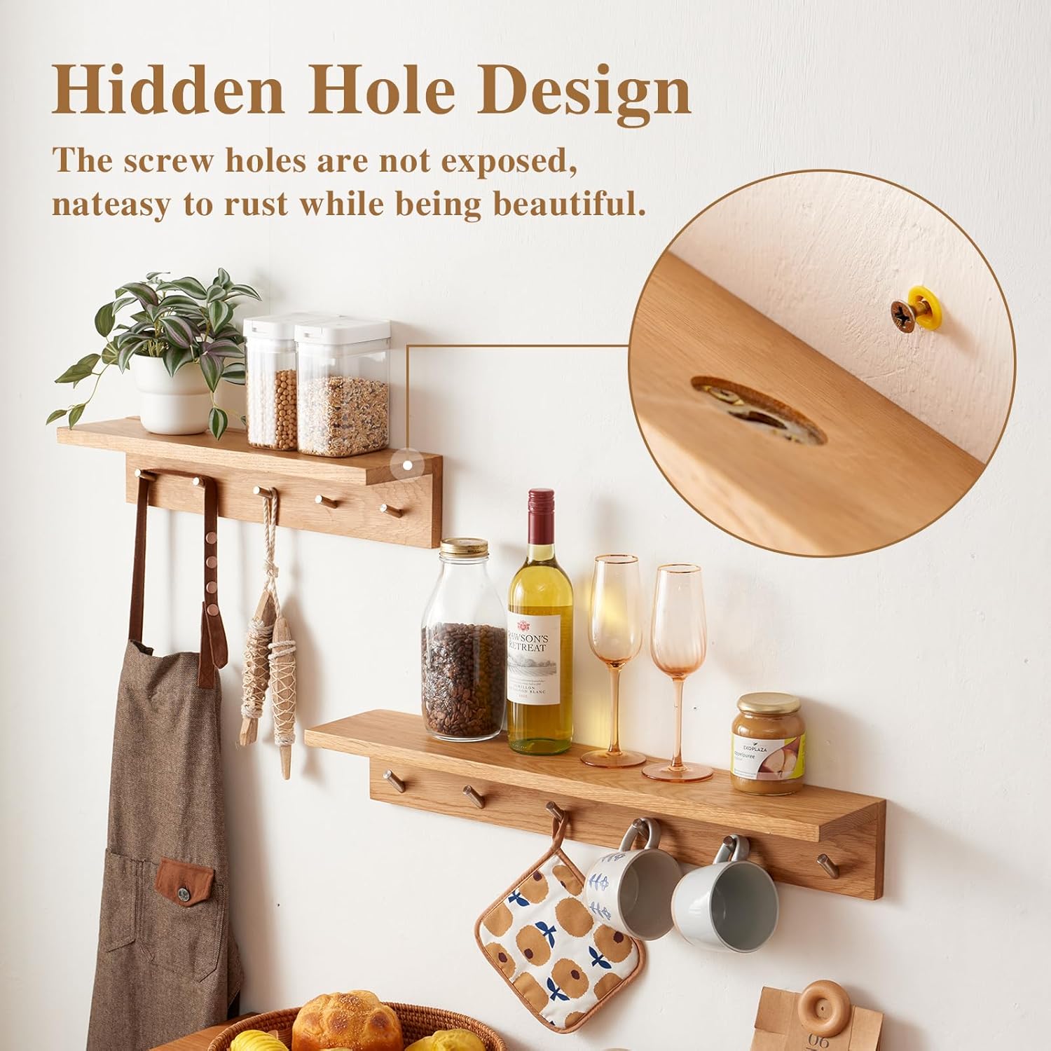 Oak Wood Coat Rack Wall Mount With Shelf 5 Hooks