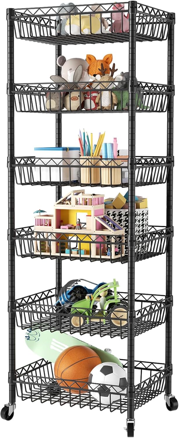 SINGAYE 6 Tier Adjustable Wire Shelf with Wheels Black