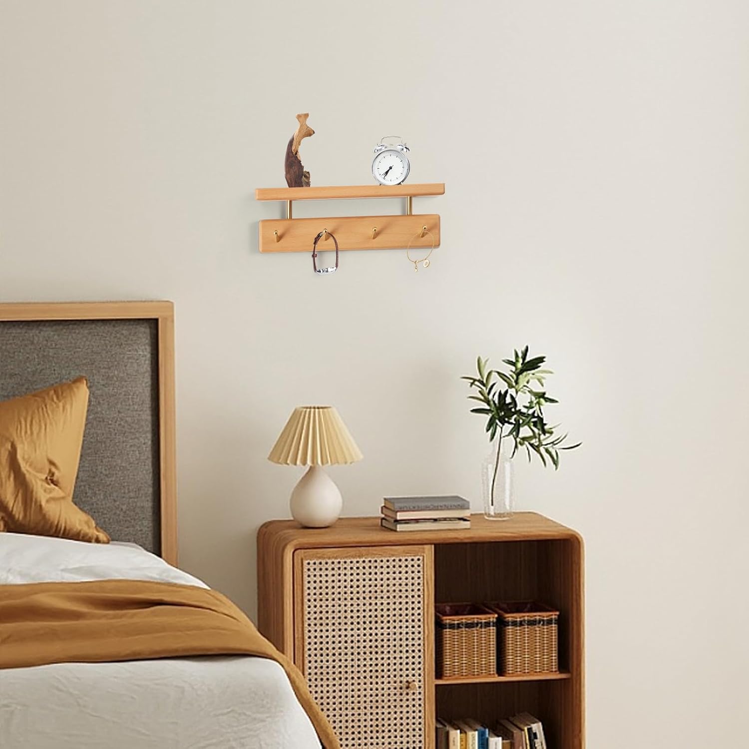 Solid Wood Shelf with Hooks 12 Inch Coat Rack Wall Mount