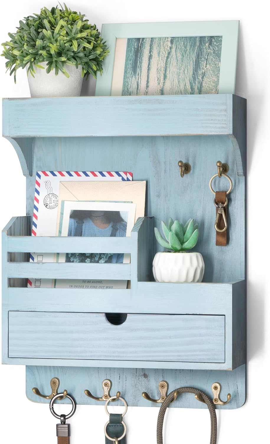 Rebee Vision Farmhouse Key Holder Wall Mount with Drawer Organizer - Blue