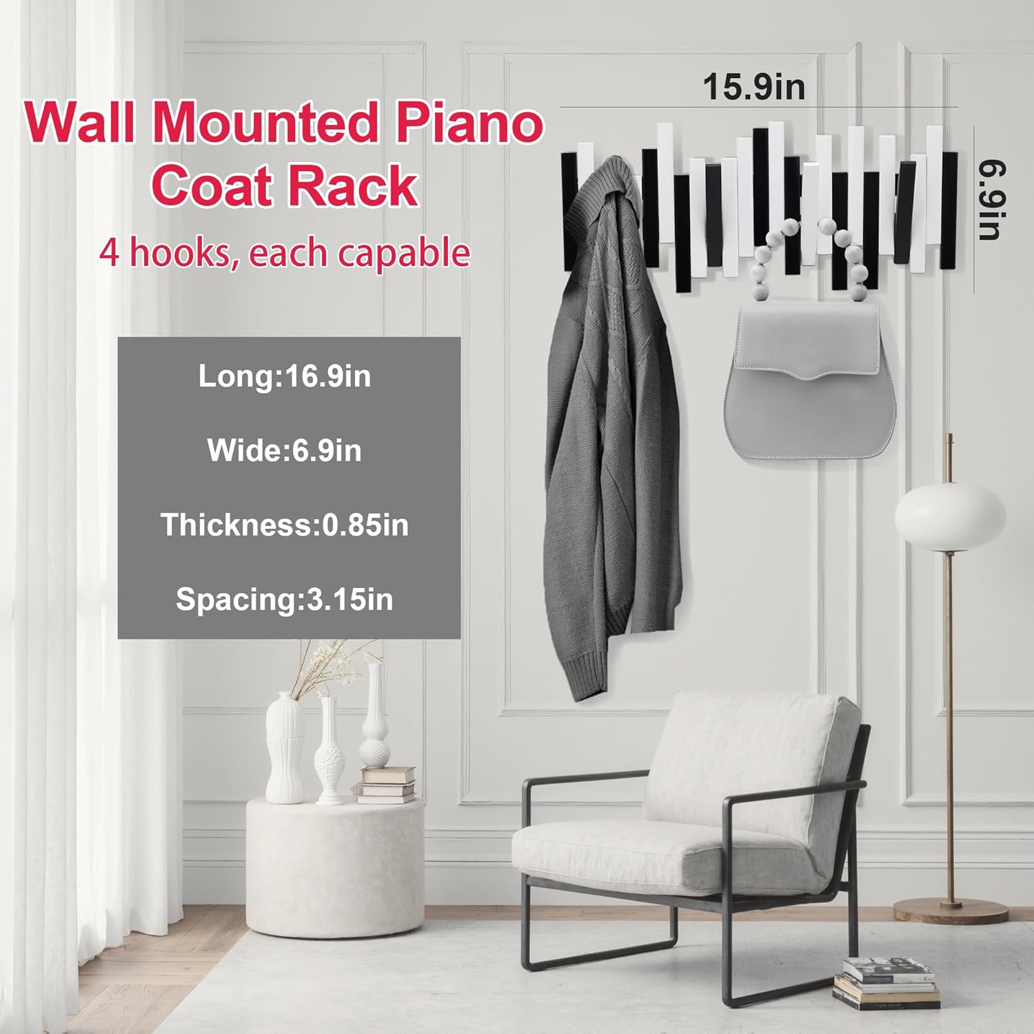 MinBoo Bamboo Multi Hook Coat Rack - Modern Space-Saving 4 Flip-Down Hooks