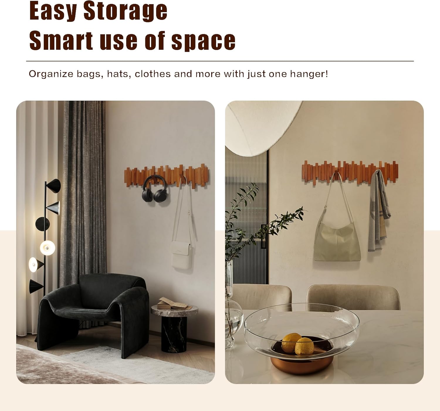 Wooden Coat Rack with 7 Flip-Down Hooks for Coats Hats and Bags