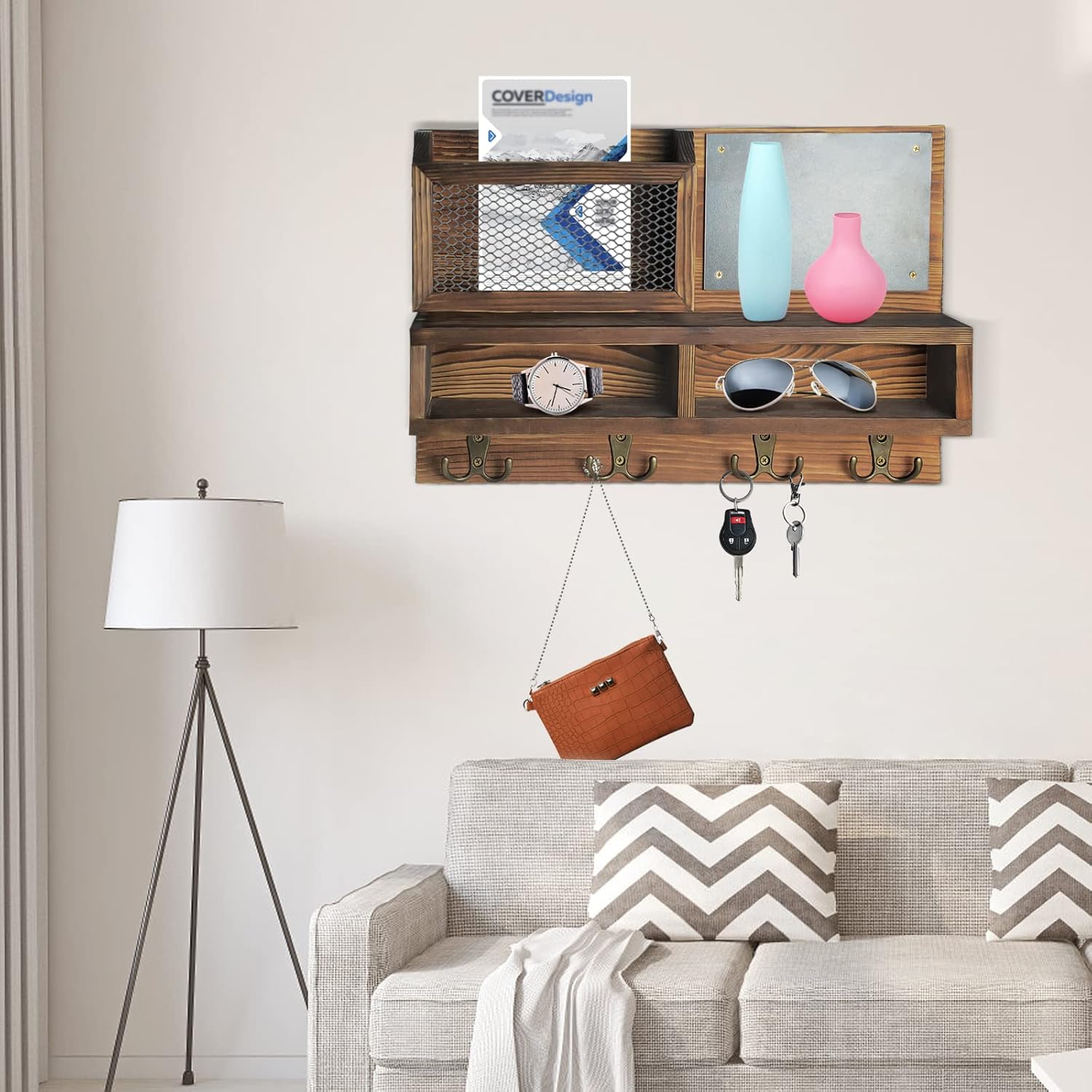 WEWEOW Key Holder Wall Mount with 4 Hooks and Chalkboard