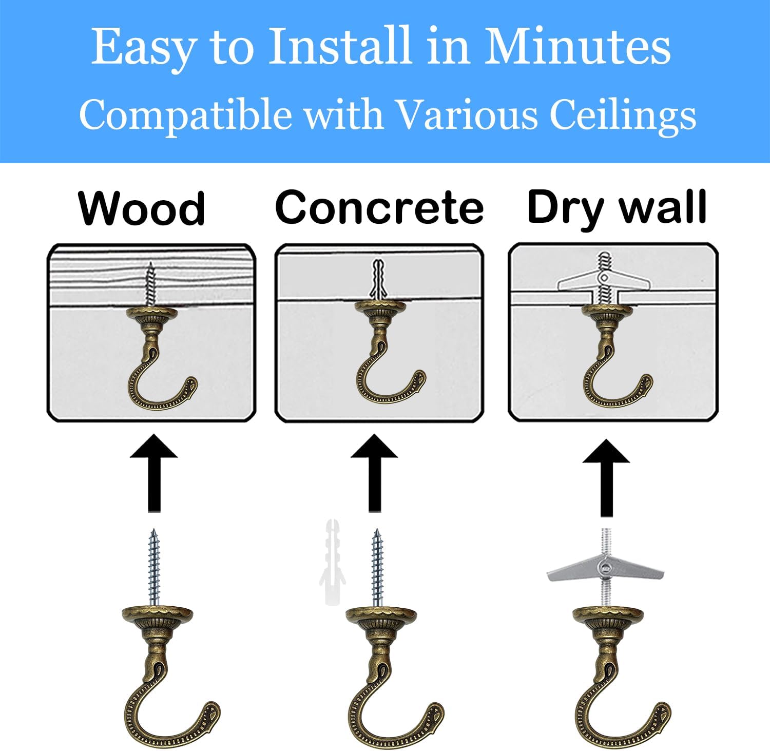 2 Sets Heavy-Duty Swag Ceiling Hooks with Hardware - Antique Brass