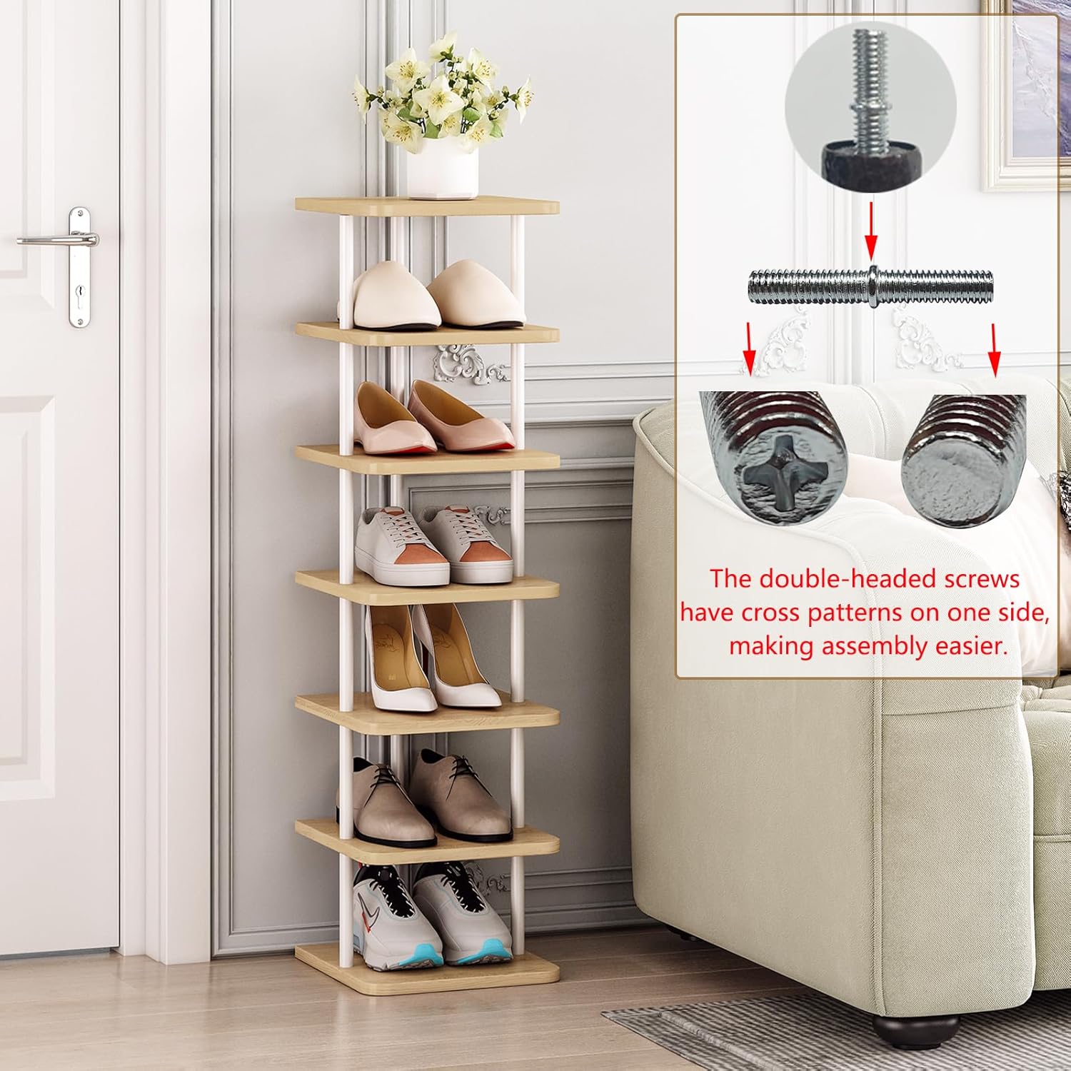 7 Tiers Vertical Shoe Rack for Space Saving White and Oak